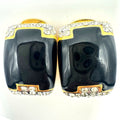 Alfred Sung vintage gold tone clear rhinestones black enamel clip on earrings
