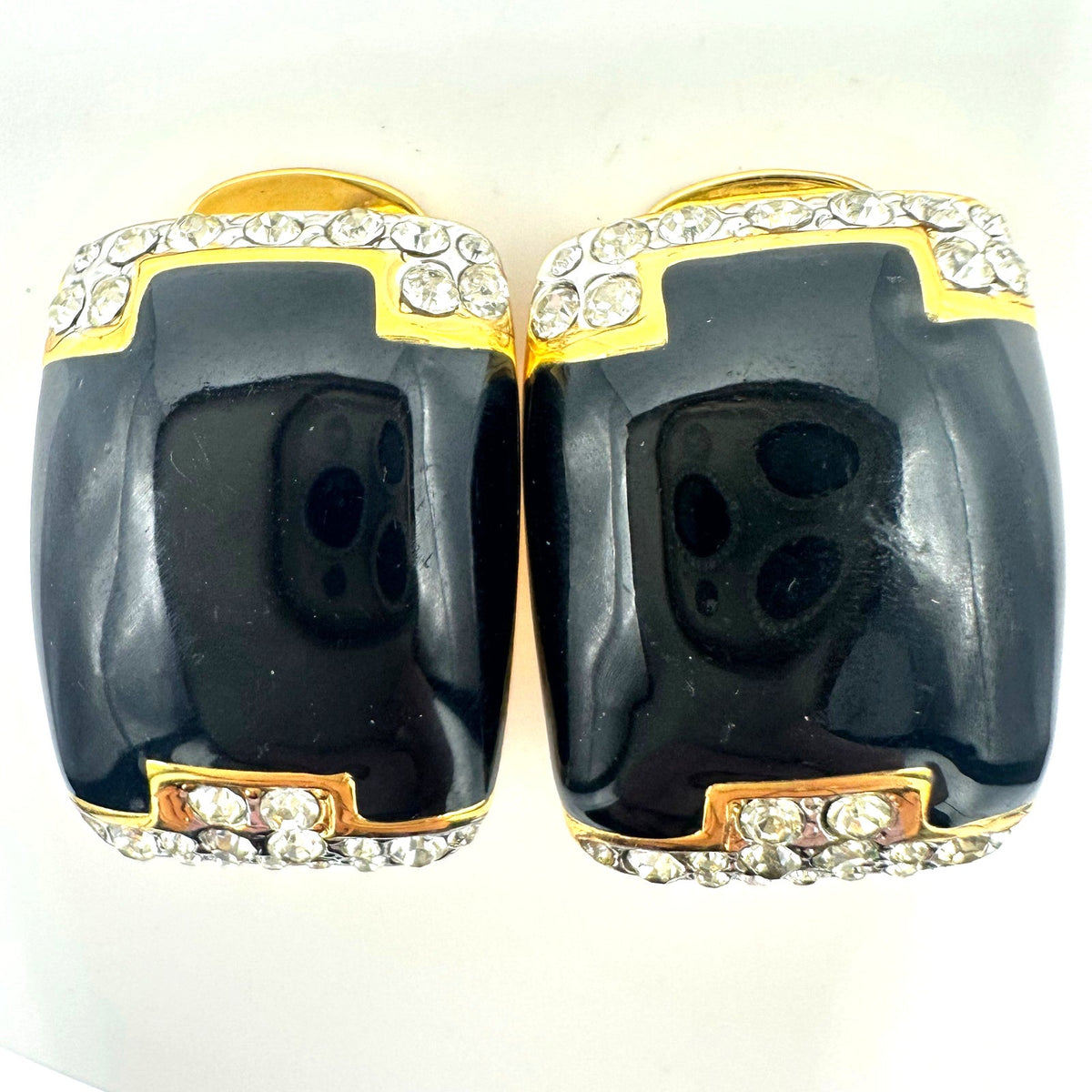 Alfred Sung vintage gold tone clear rhinestones black enamel clip on earrings