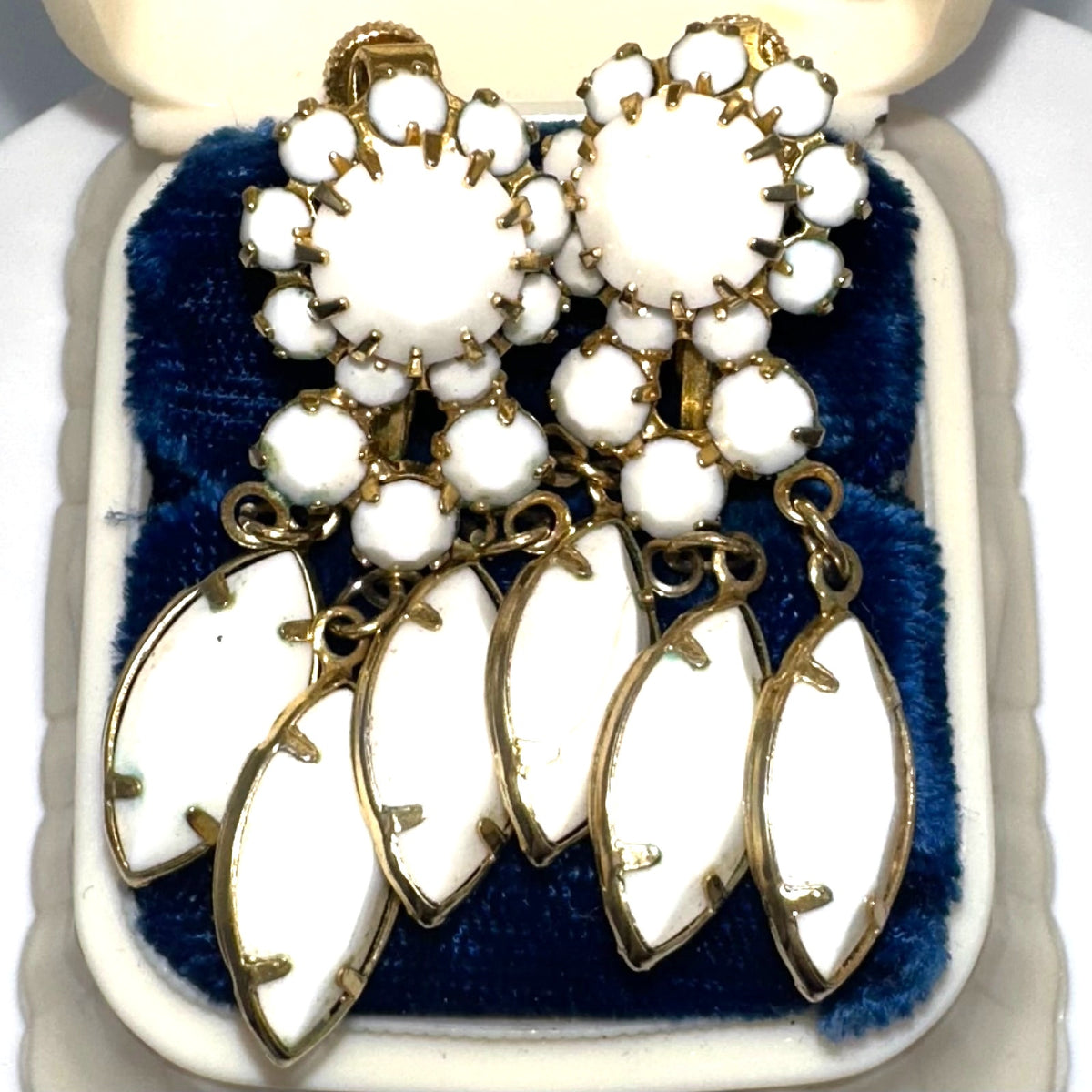 Vendome gold tone white milk glass rhinestones dangle clip on earrings