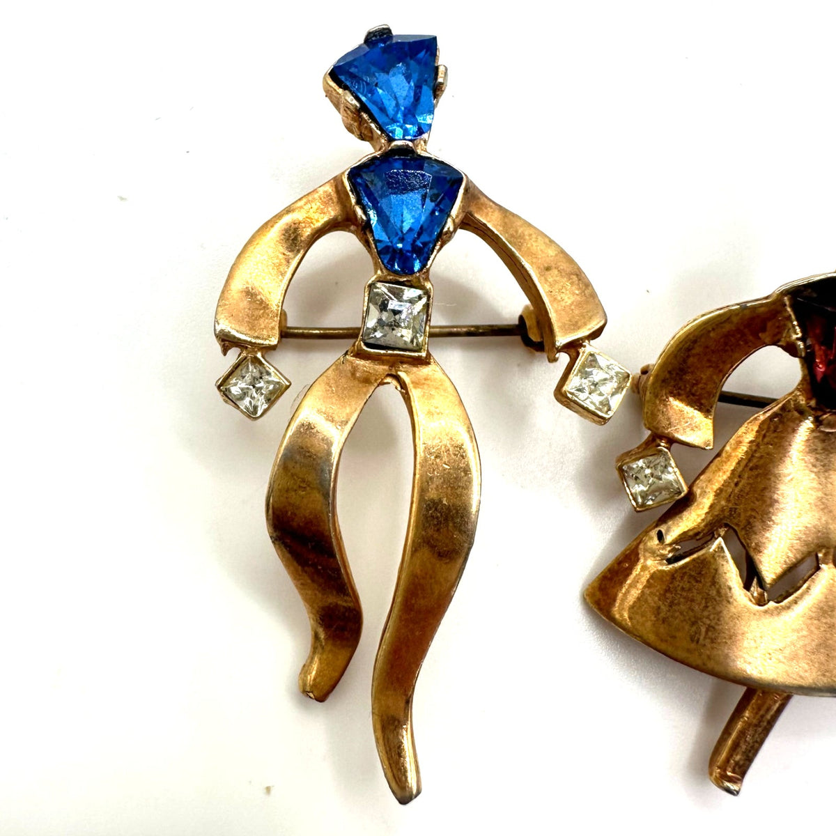 1940s vintage gold tone dancing couple purple blue rhinestones figural brooches