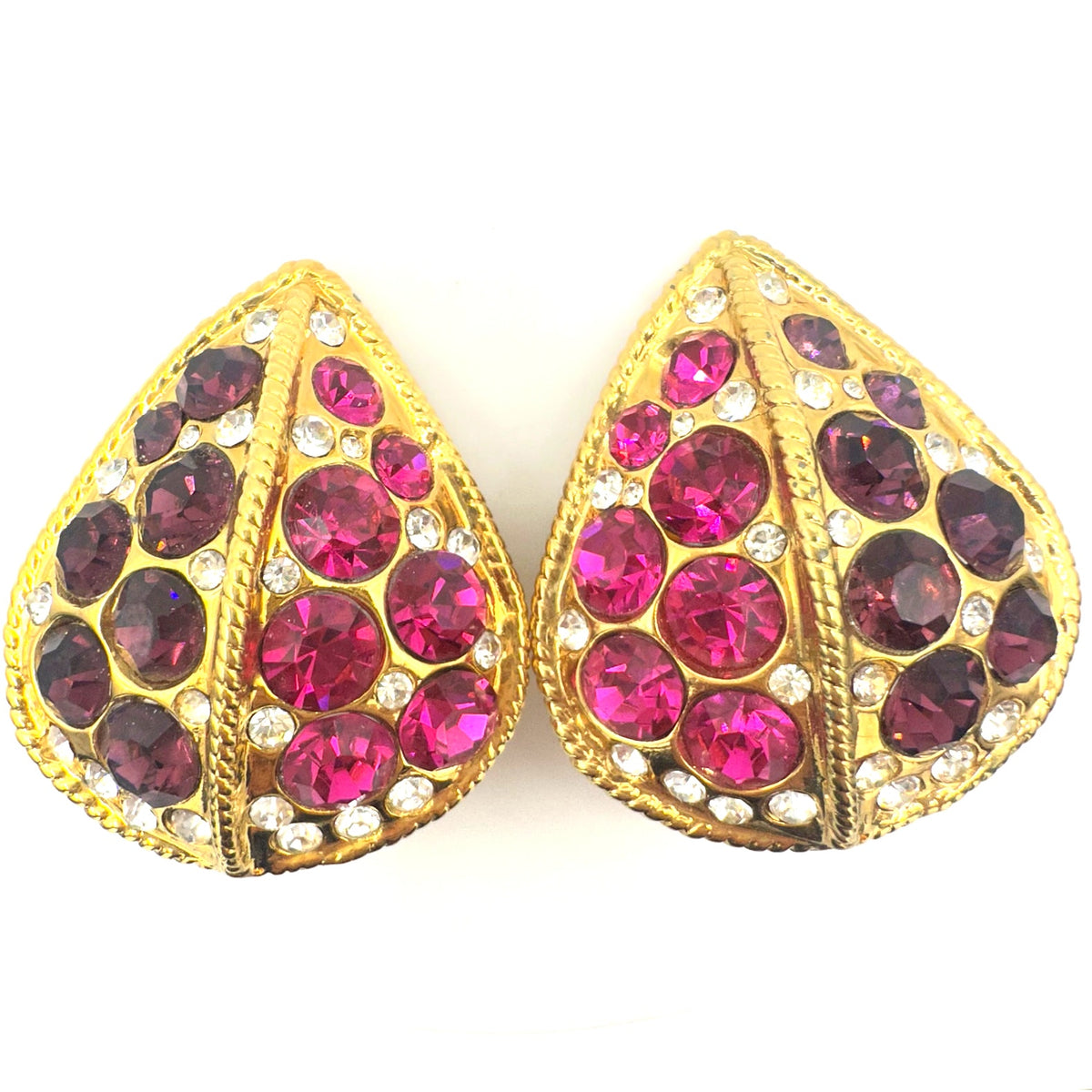 1980s vintage large gold tone pink purple clear rhinestones clip on earrings