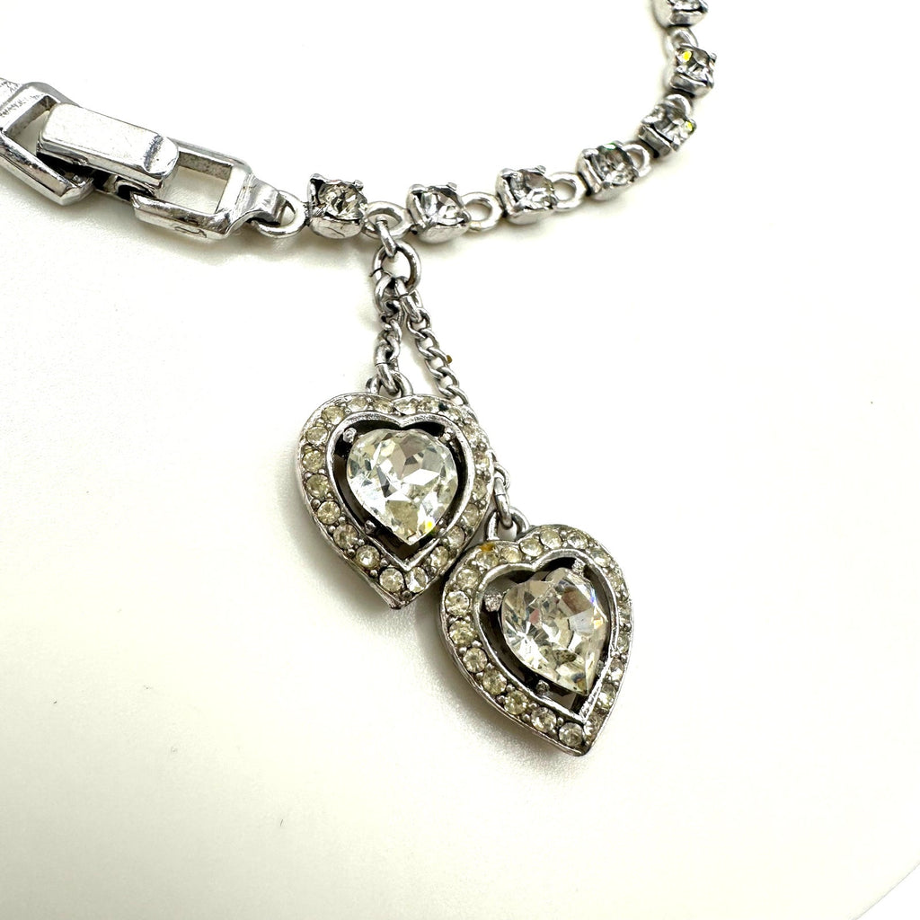 Crown Trifari silver tone rhinestones dangling hearts tennis 6.5" bracelet