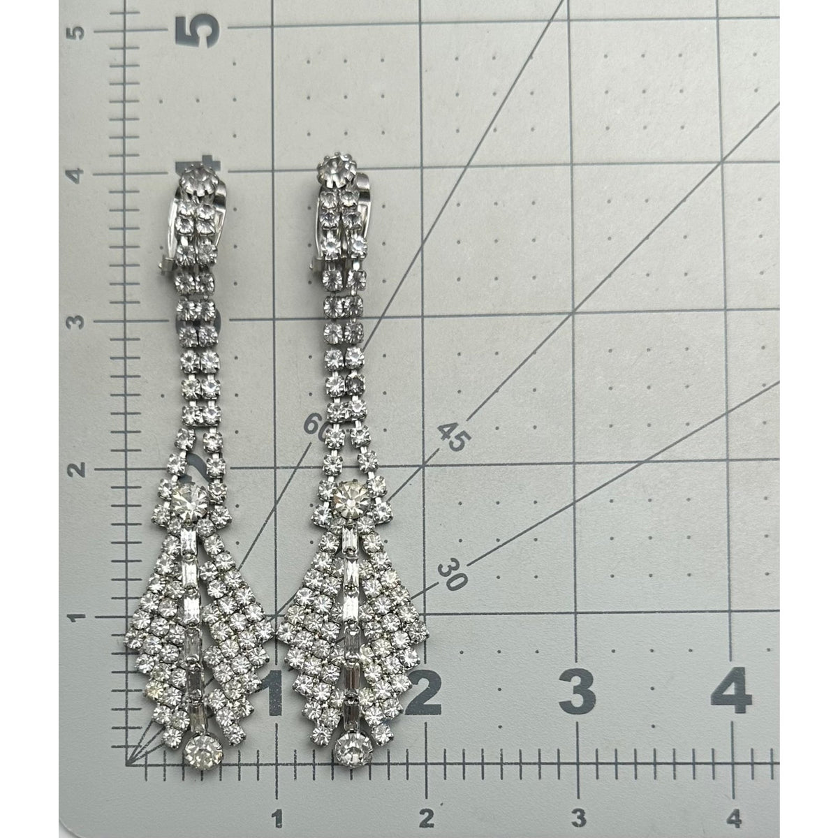 Vintage silver tone clear glass rhinestones 4" dangle drop clip on earrings