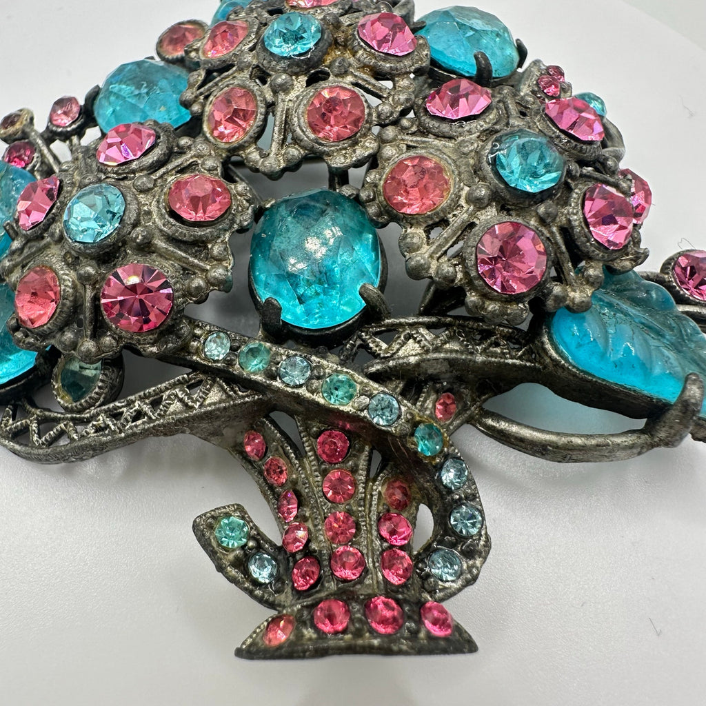 Antique Art Deco 1930s large pot metal pink blue molded glass rhinestones brooch