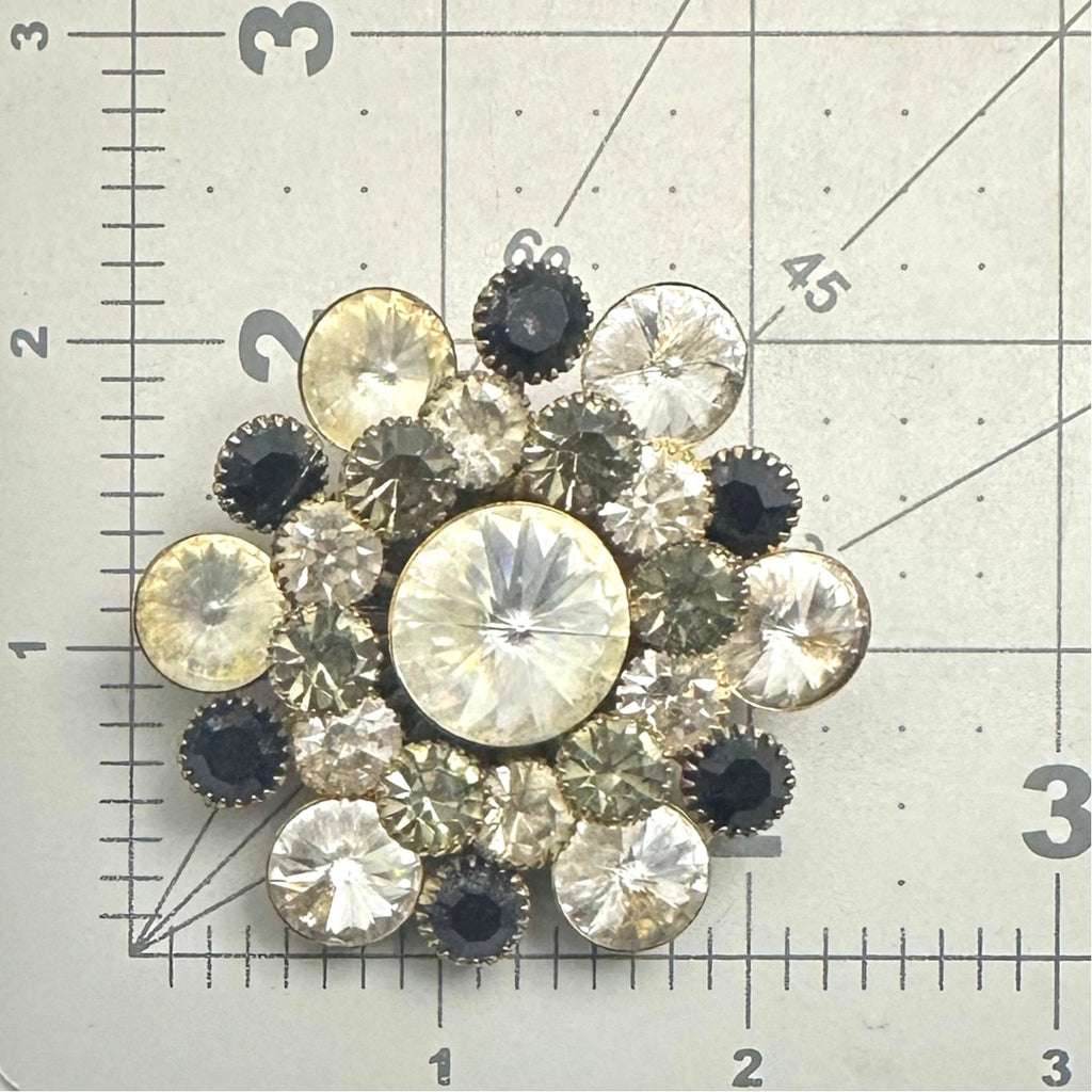 Vintage gold tone large clear rivolis smoky gray black rhinestones brooch