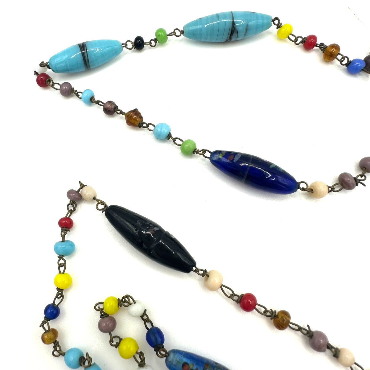 Antique Art Deco Czech art glass multicolor beads beaded brass 51" necklace