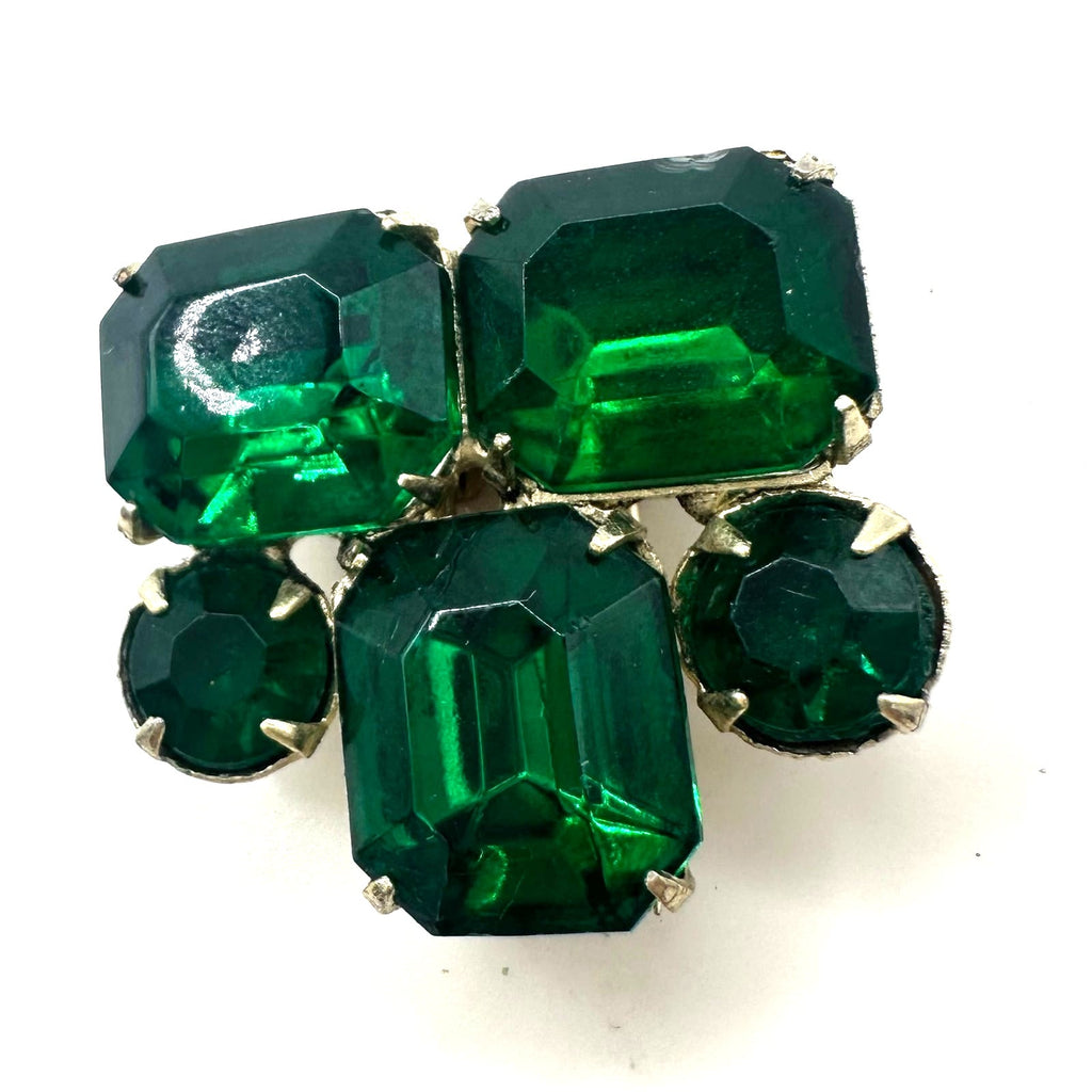 1930s 1940s antique Art Deco gold emerald green rhinestones dress fur clip