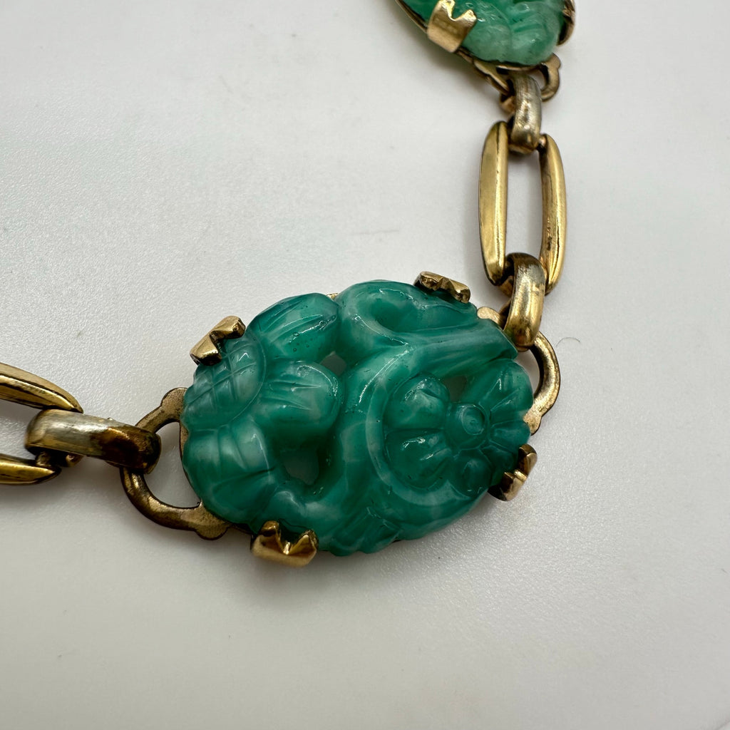 Vintage 12kt gold filled green molded swirled Peking art glass bracelet