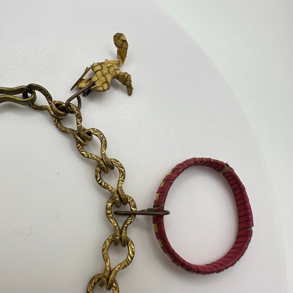 Antique vintage gold gilt handmade woven straw hand painted charms bracelet