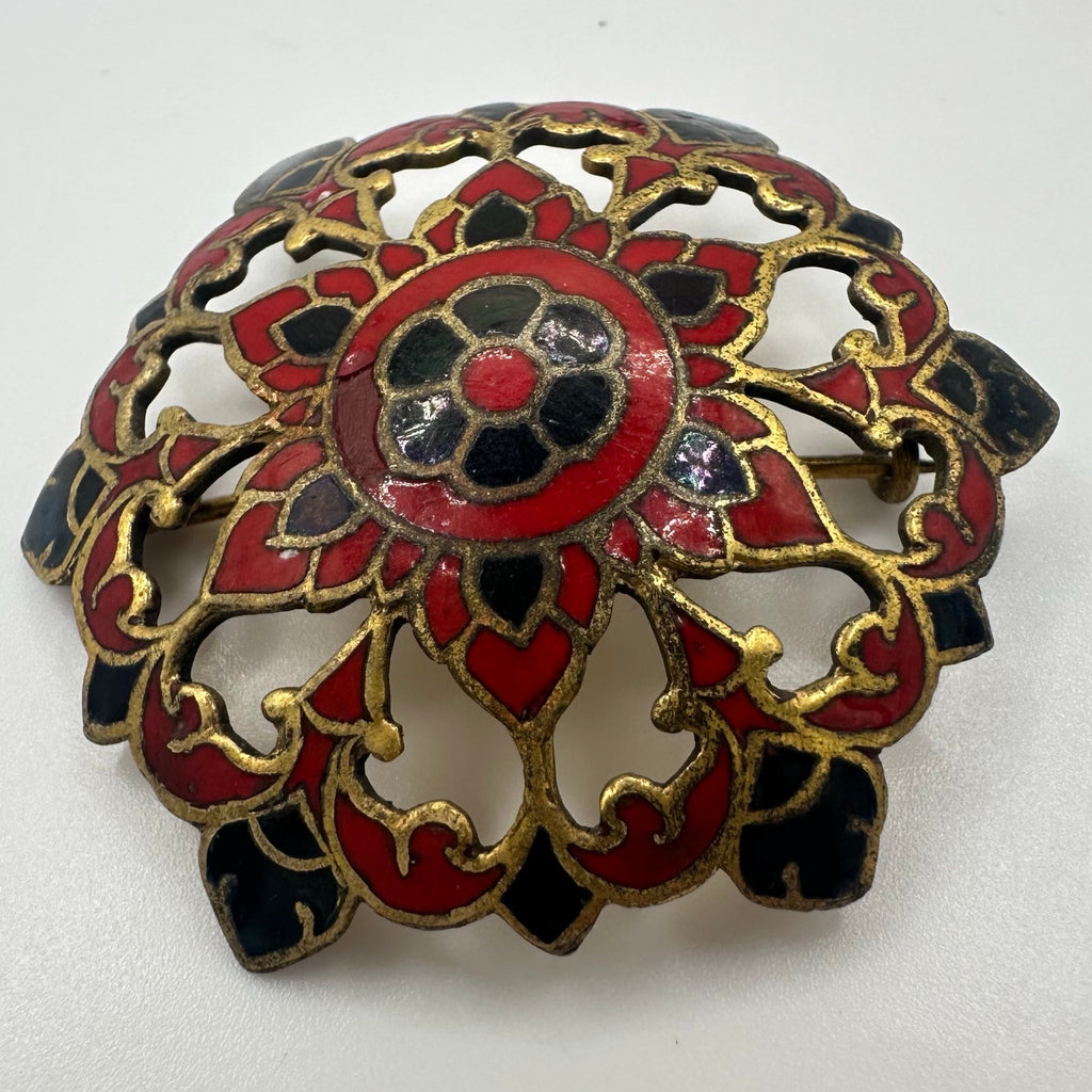 Antique 1890s Victorian French red black champlevé enamel openwork brass brooch