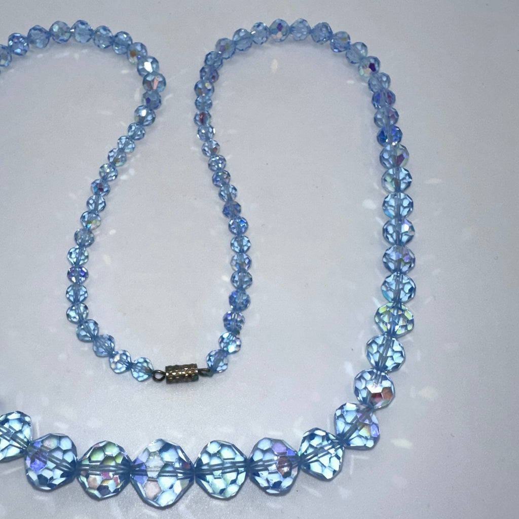 Vintage 1950s light blue AB glass beads beaded 28” graduated necklace