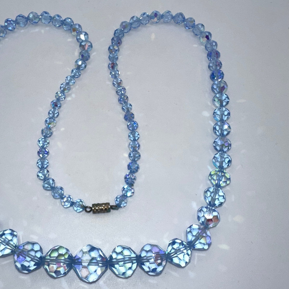 Vintage 1950s light blue AB glass beads beaded 28” graduated necklace