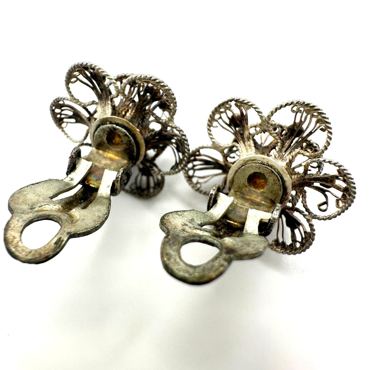 Antique vintage 800 silver handmade filigree flowers floral clip on earrings