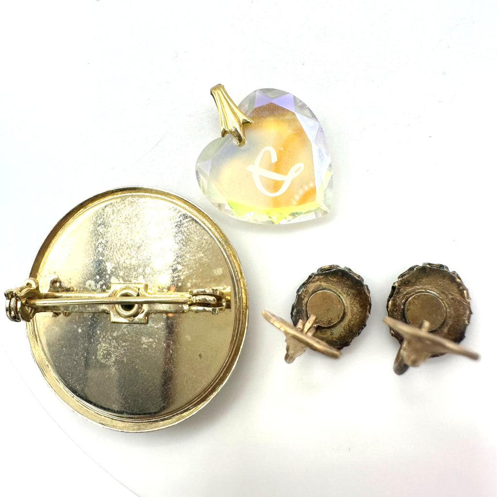 Bundle lot 3 vintage D initial guilloche enamel brooch earrings crystal pendant