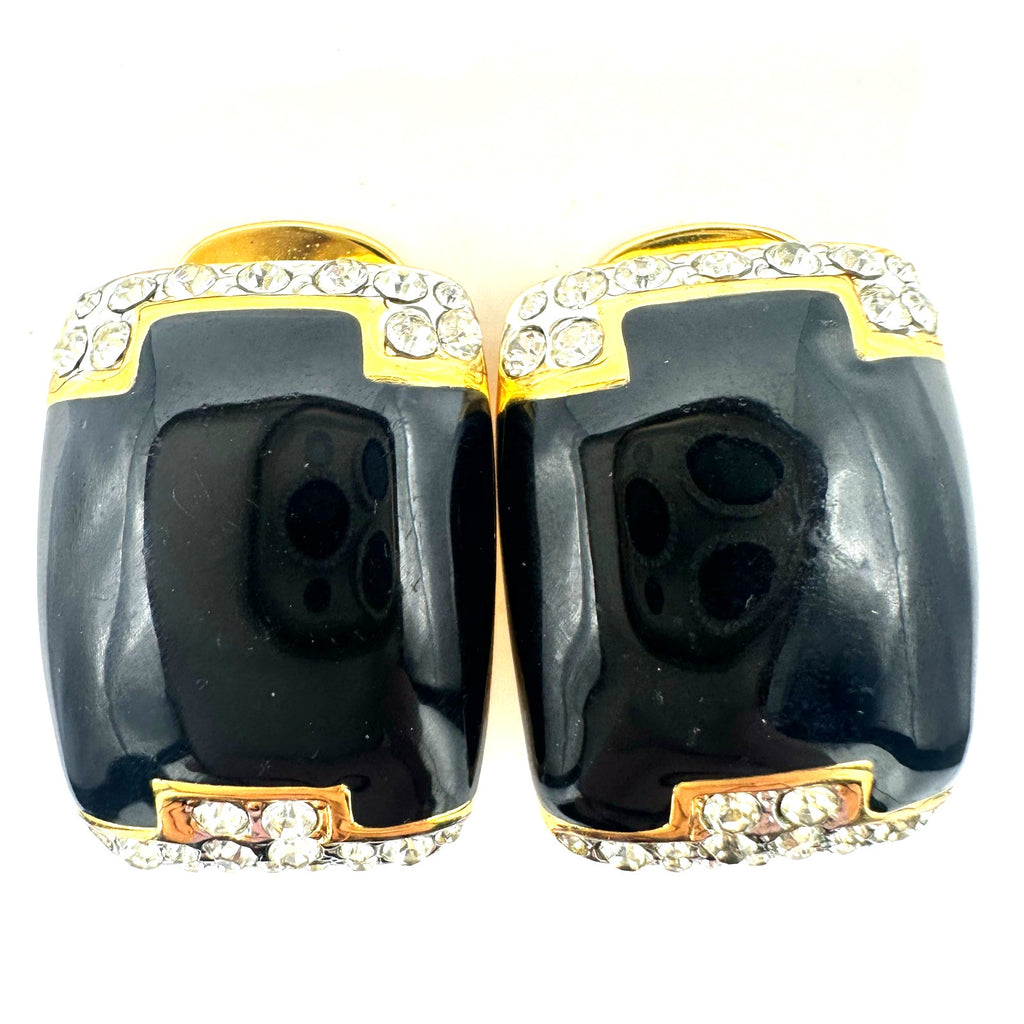 Alfred Sung vintage gold tone clear rhinestones black enamel clip on earrings
