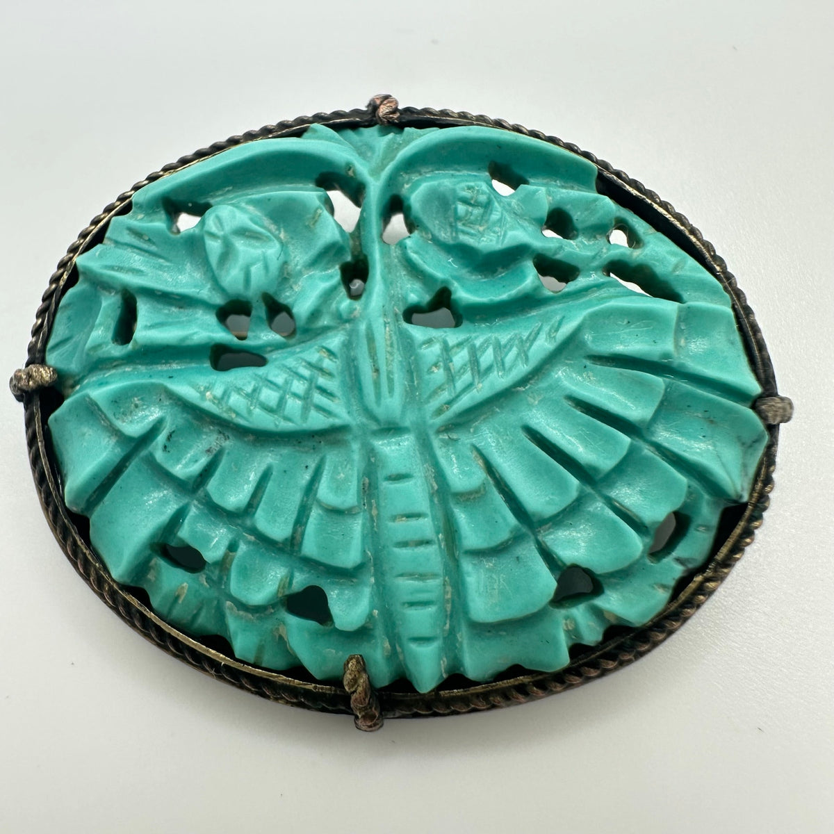 Antique Chinese carved genuine turquoise sterling silver oval brooch pin 6.3g