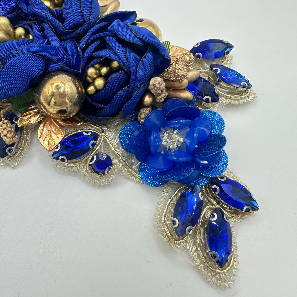 Massive large gold tone blue roses rhinestones pearls beaded sewing applique