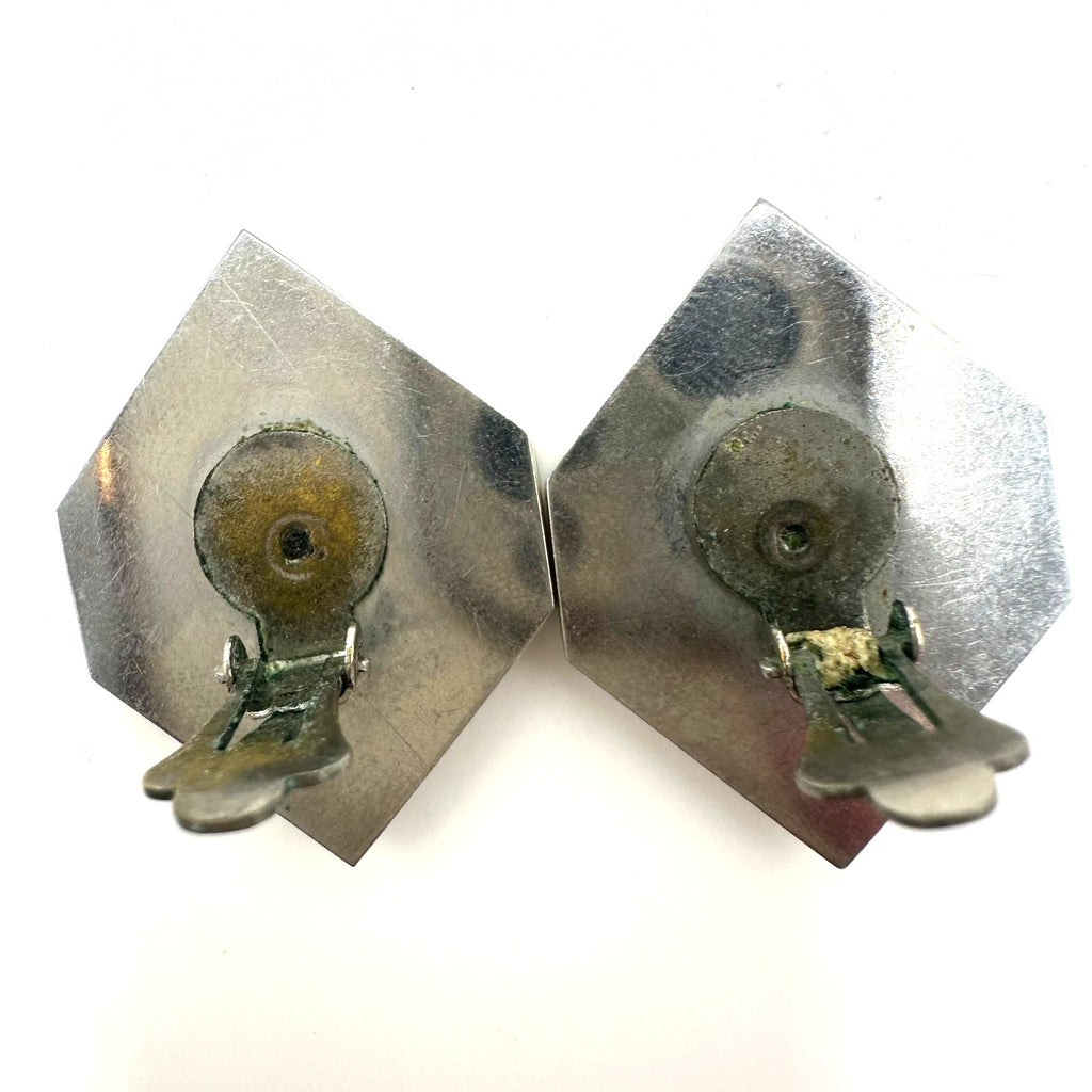 Vintage genuine mother of pearl simulated cubes silver tone clip on earrings