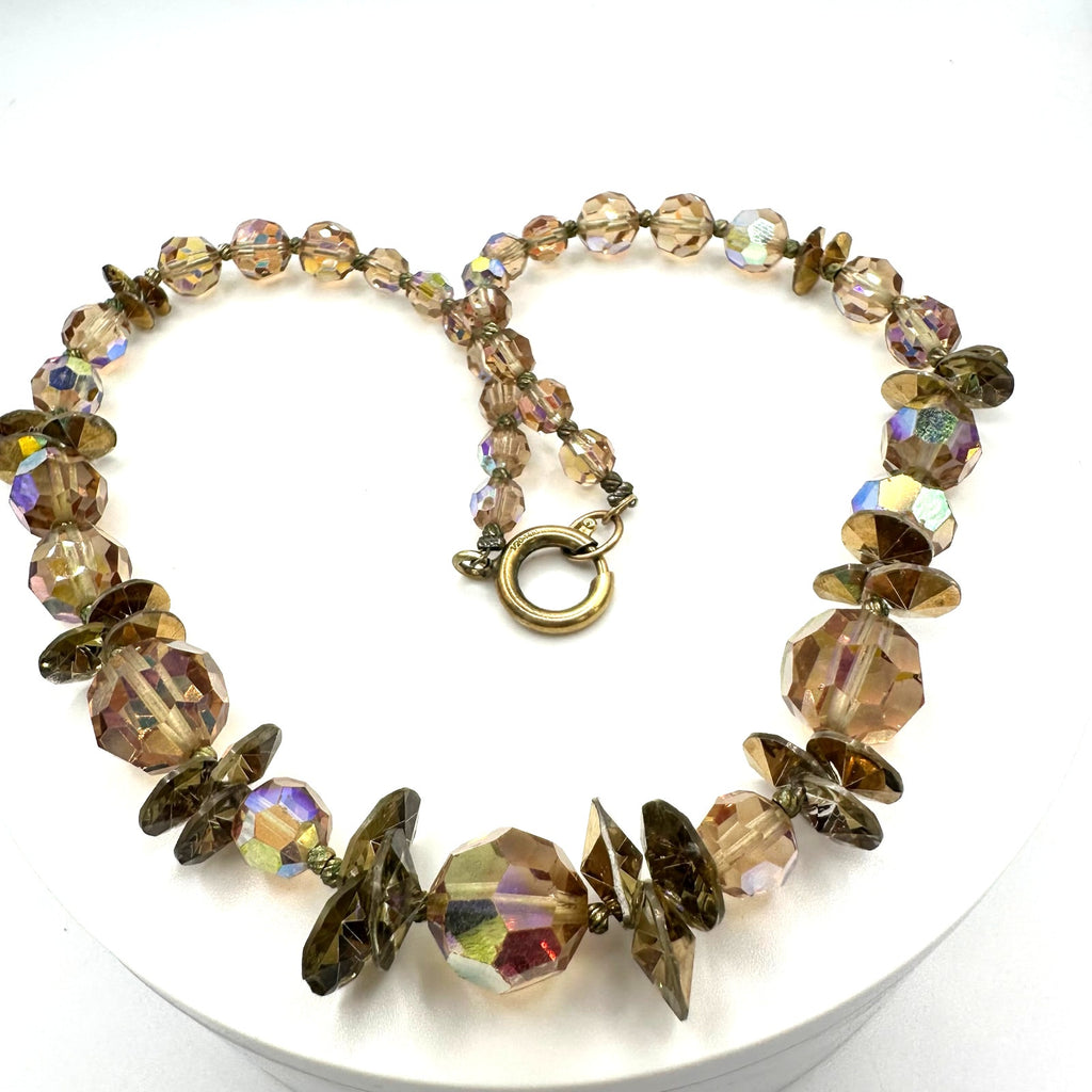 Vintage light topaz faceted glass aurora borealis AB beaded 15.5” necklace