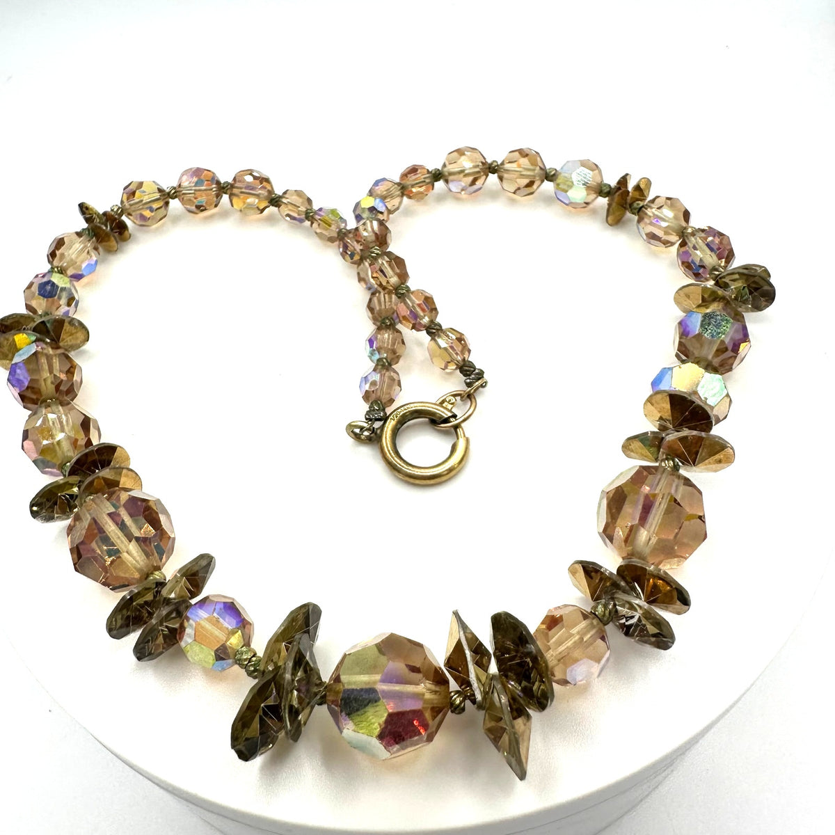 Vintage light topaz faceted glass aurora borealis AB beaded 15.5” necklace