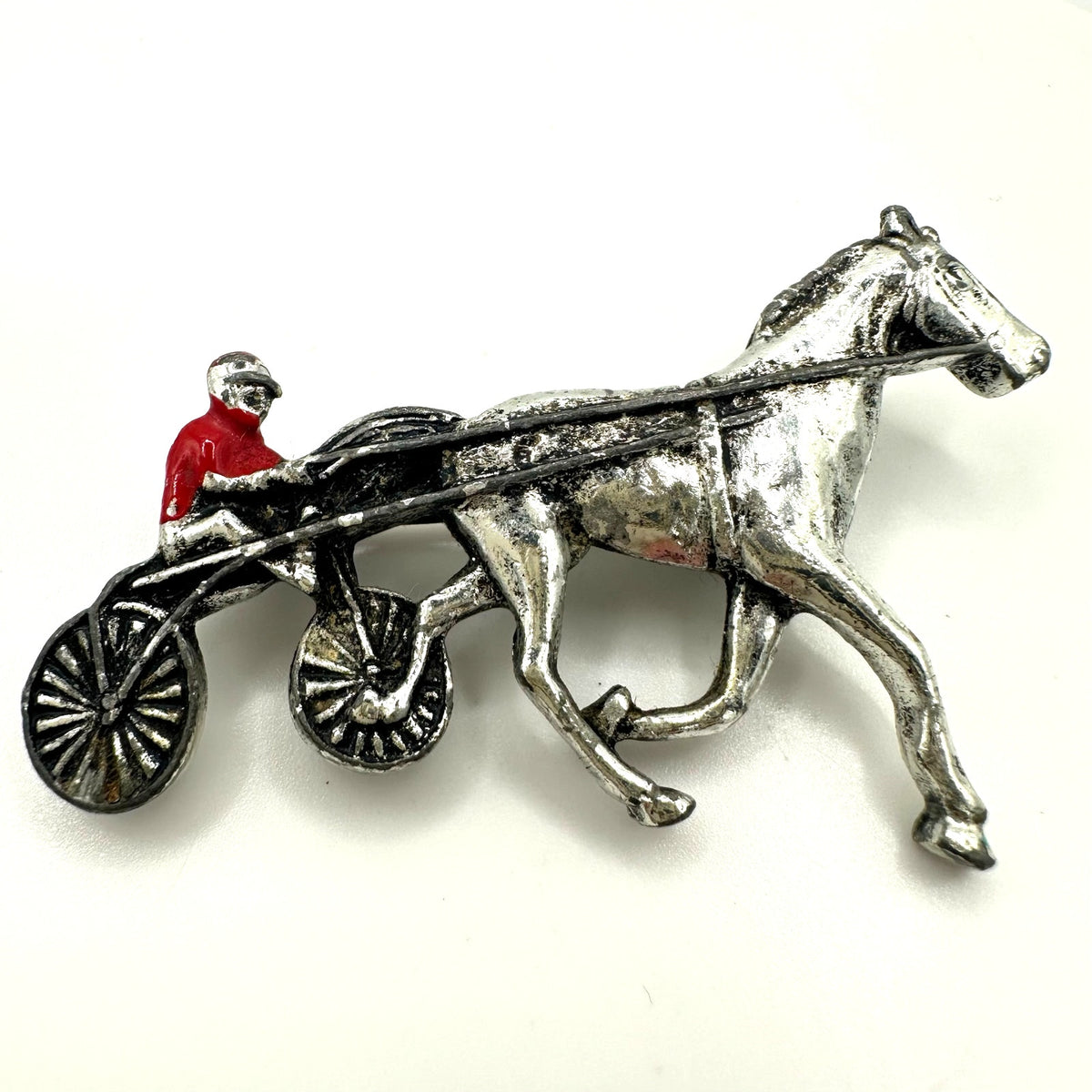 1940s vintage silver tone red enamel horse man racer chariot figural brooch