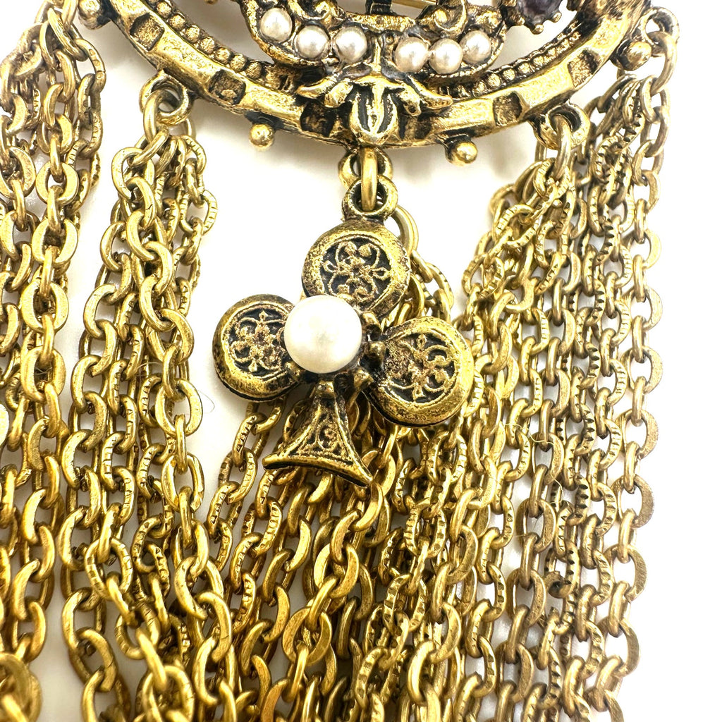 ART Victorian Revival gold tone swag chains rhinestones art glass brooch