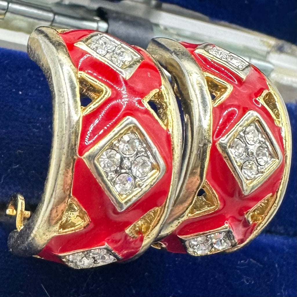 Vintage gold tone clear rhinestones red enamel half hoops clip on earrings
