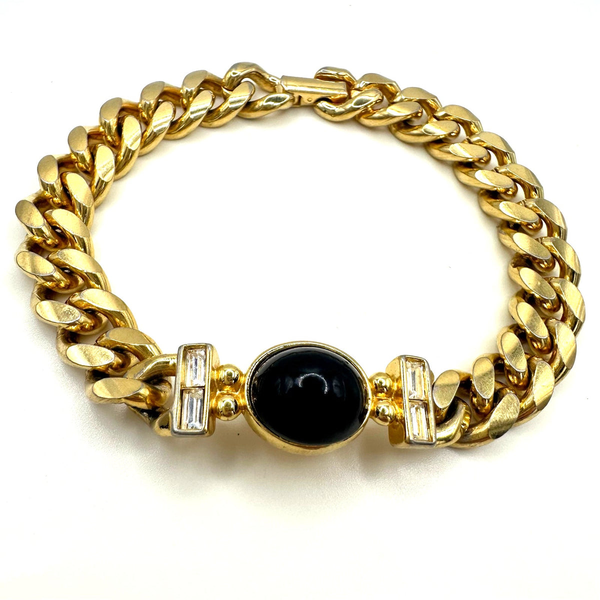 Joan Rivers vintage gold tone black glass cabochon rhinestones chain bracelet