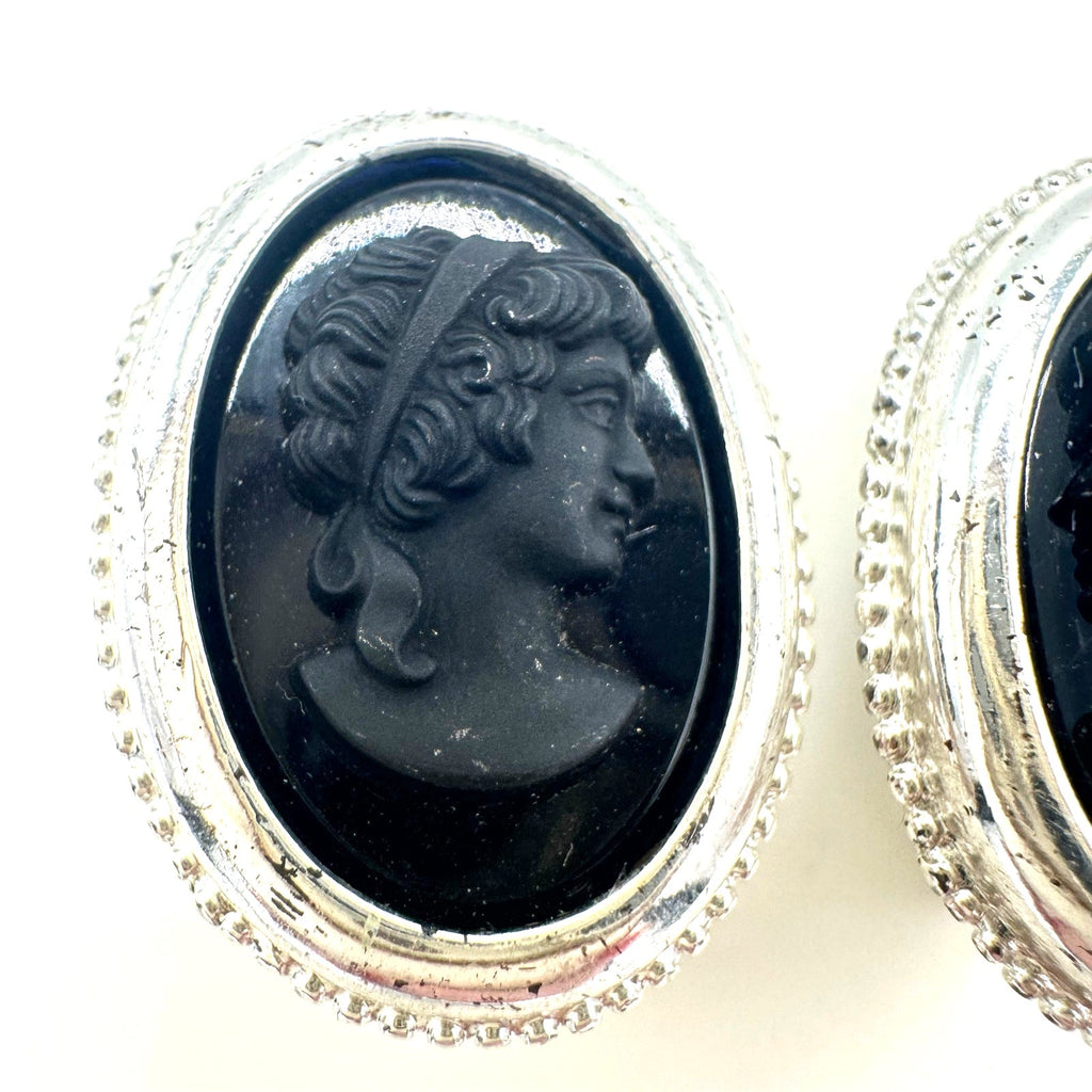 Vintage silver tone oval black glass mirrored cameos clip on earrings