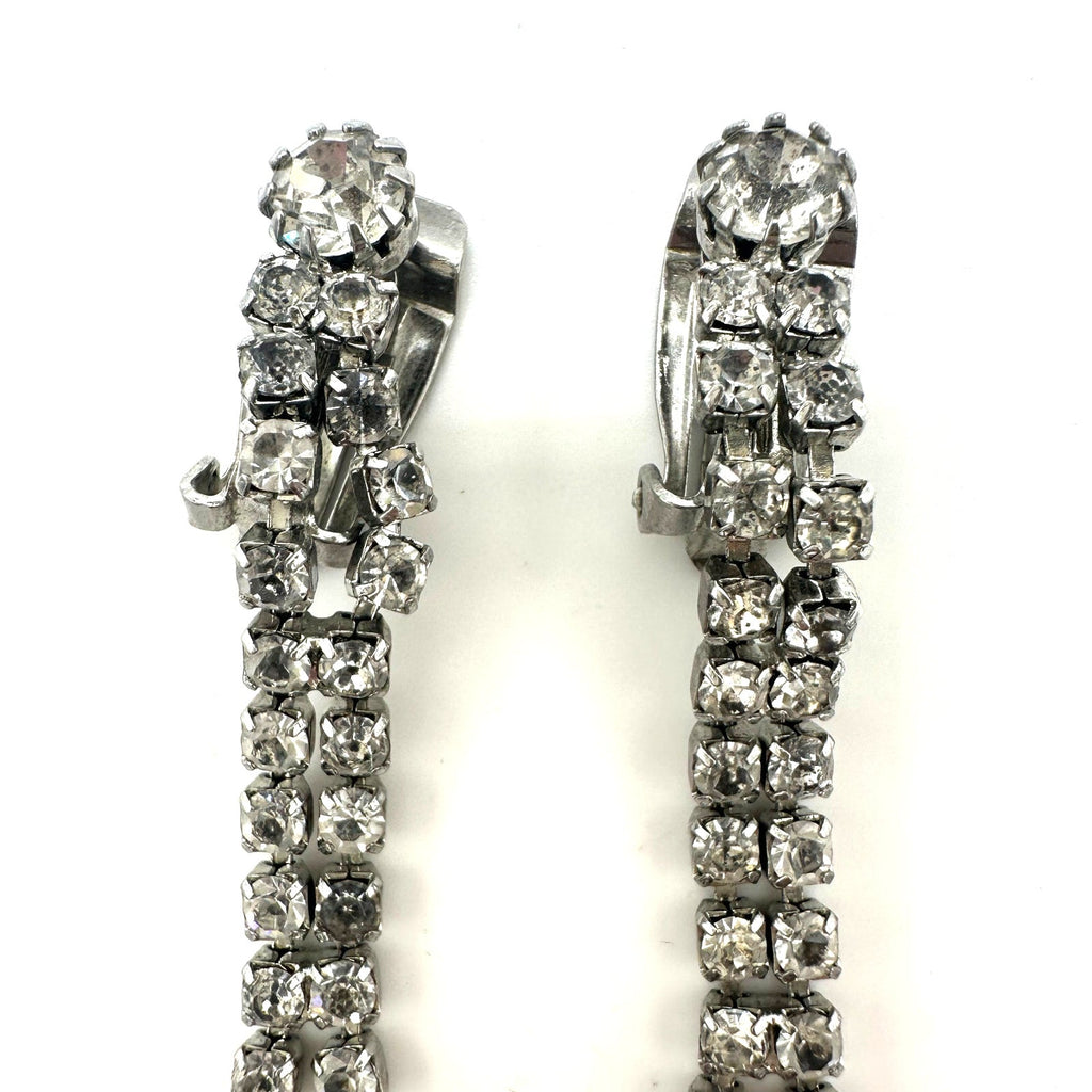 Vintage silver tone clear glass rhinestones 4" dangle drop clip on earrings