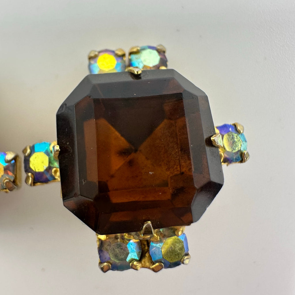 Vintage gold tone amber glass aurora borealis AB rhinestones clip on earrings