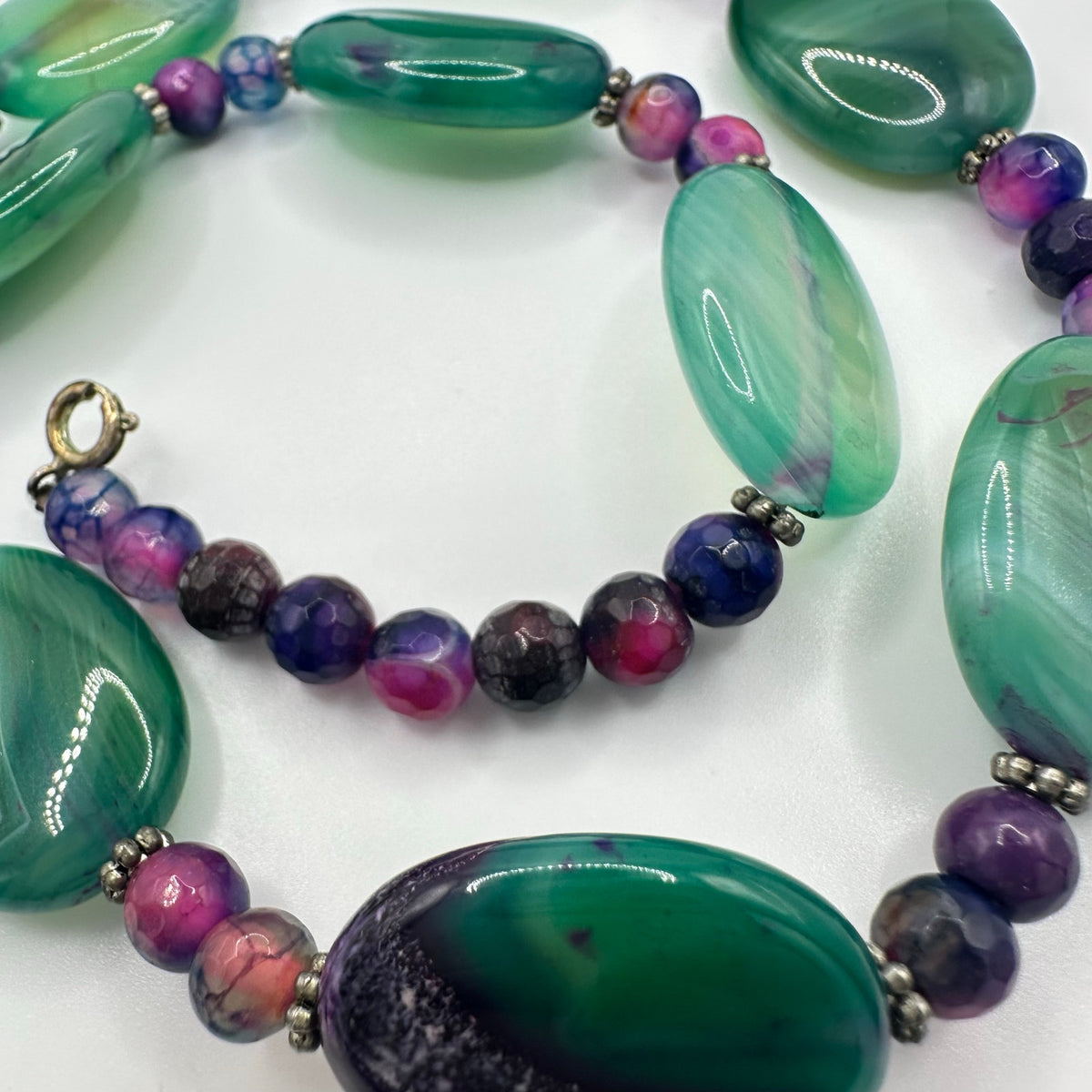 All semiprecious green pink purple dyed banded agate beads beaded necklace