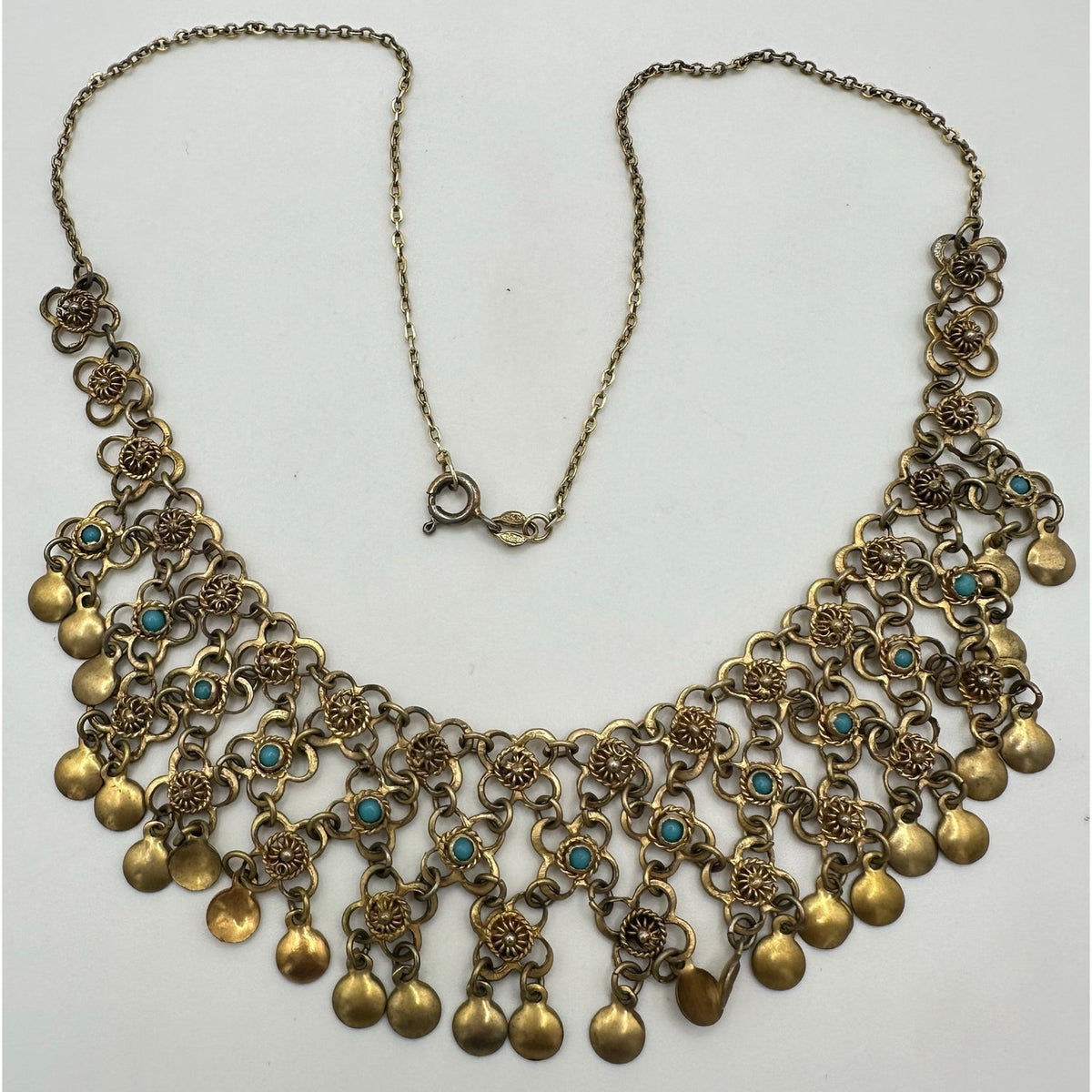 925 sterling silver gold vermeil filigree genuine turquoise chain bib necklace