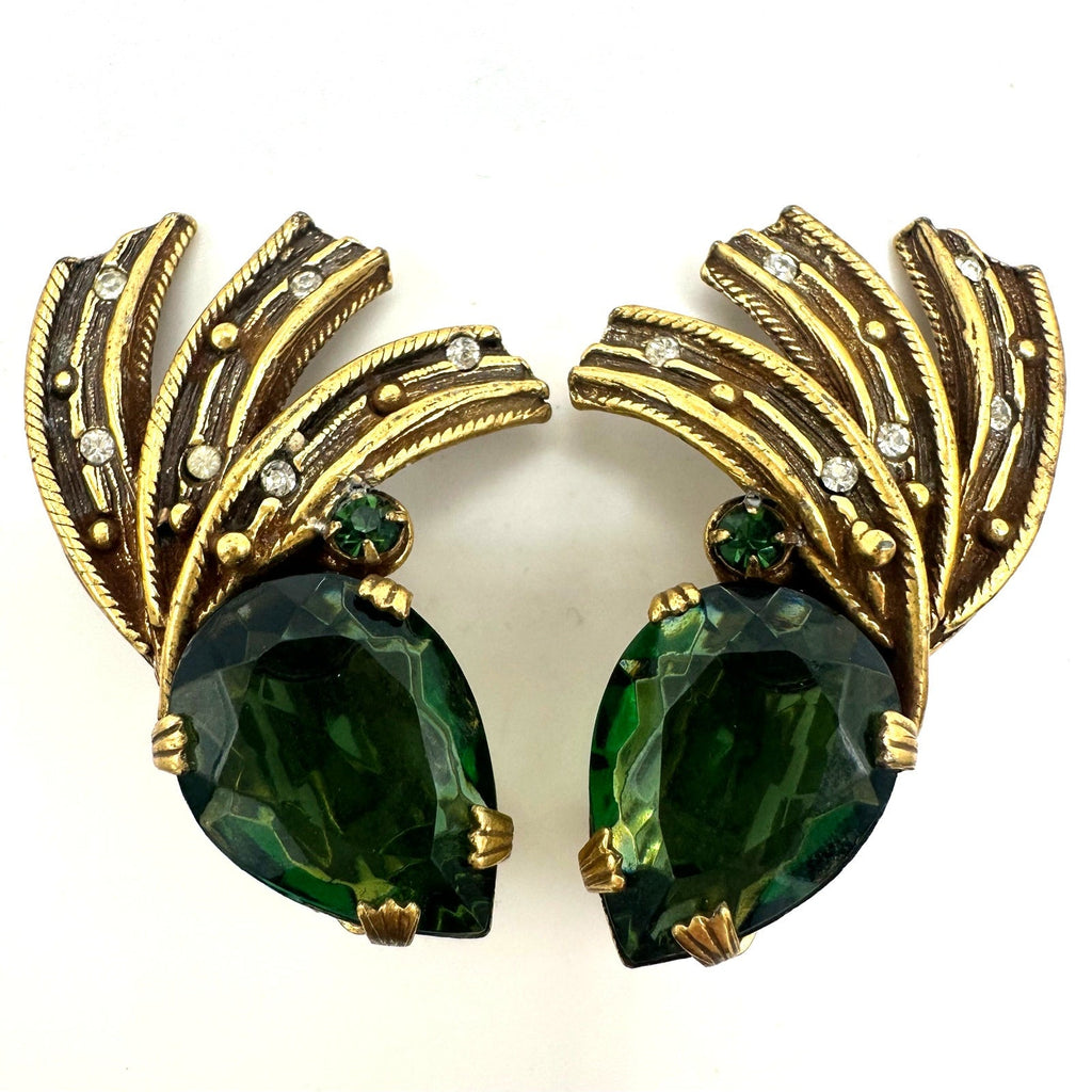 Vintage gold tone fern green rhinestones fan spray crawler clip on earrings