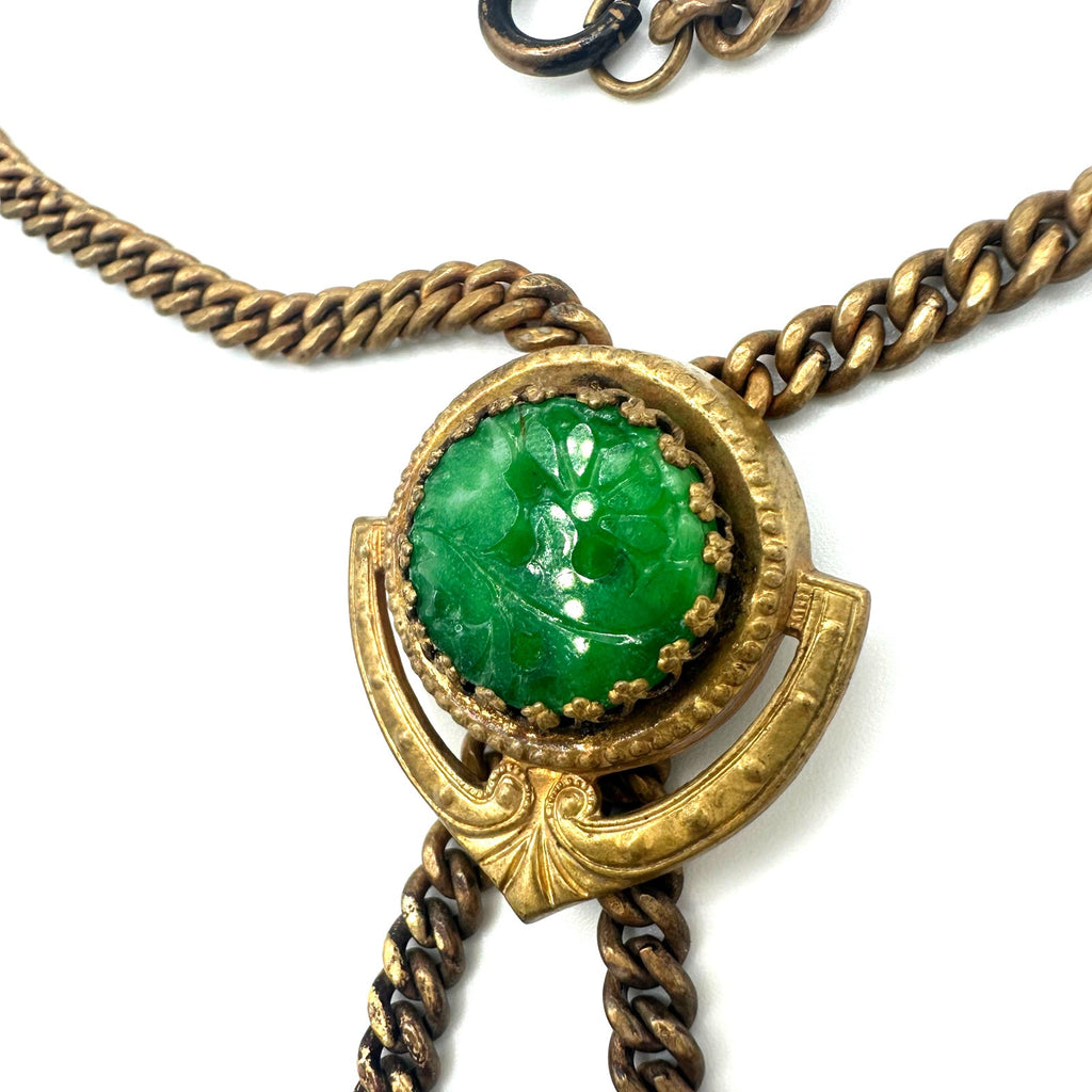 Antique vintage Victorian Revival brass molded green glass slider fob necklace