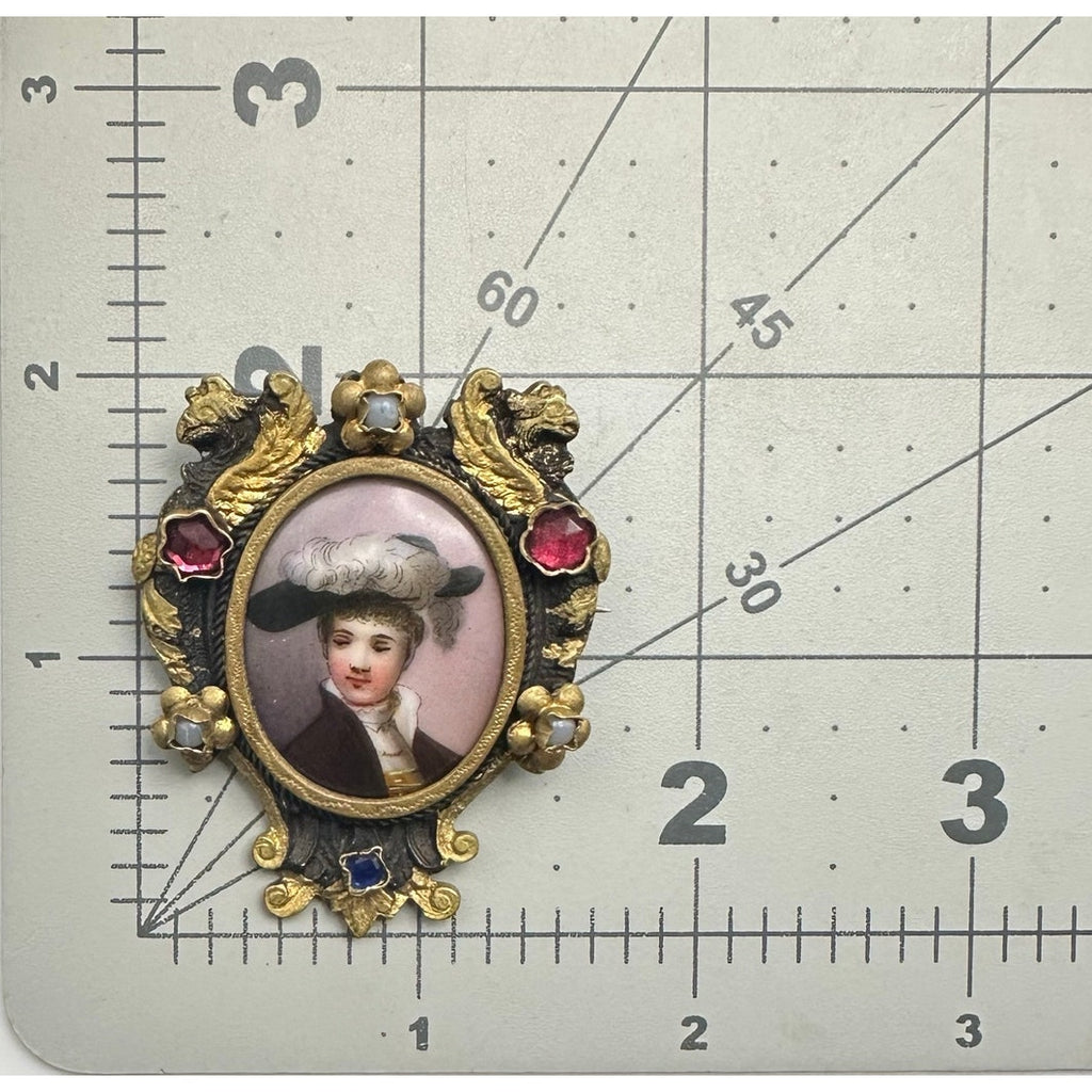 Antique Victorian hand painted portrait miniature gold gilt glass gems brooch