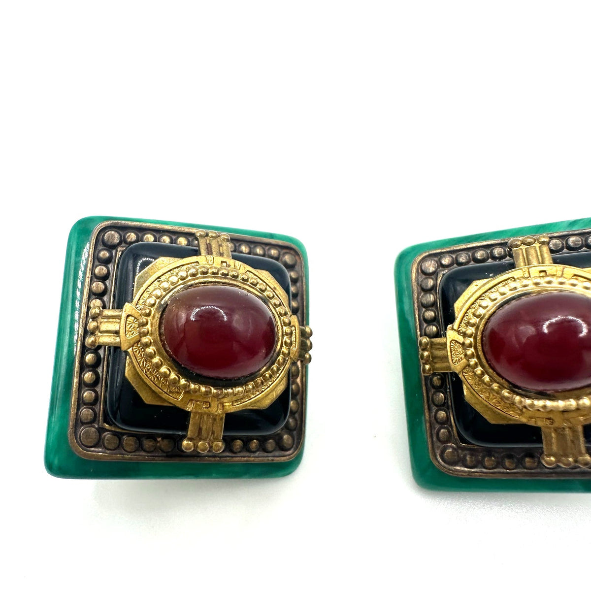 1980s vintage gold tone red black art glass green lucite clip on earrings