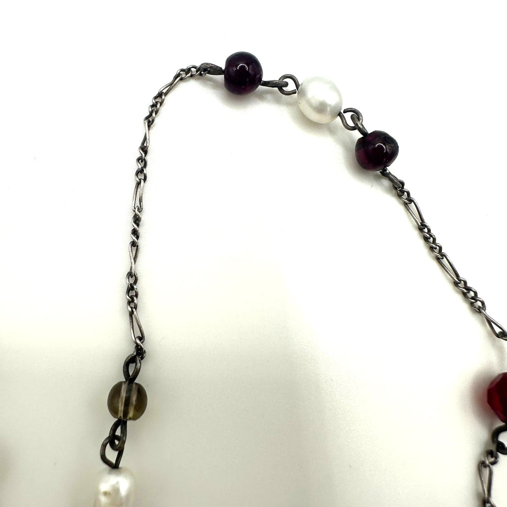 Vintage 925 sterling silver real pearls garnets quartz beaded chain 19" necklace