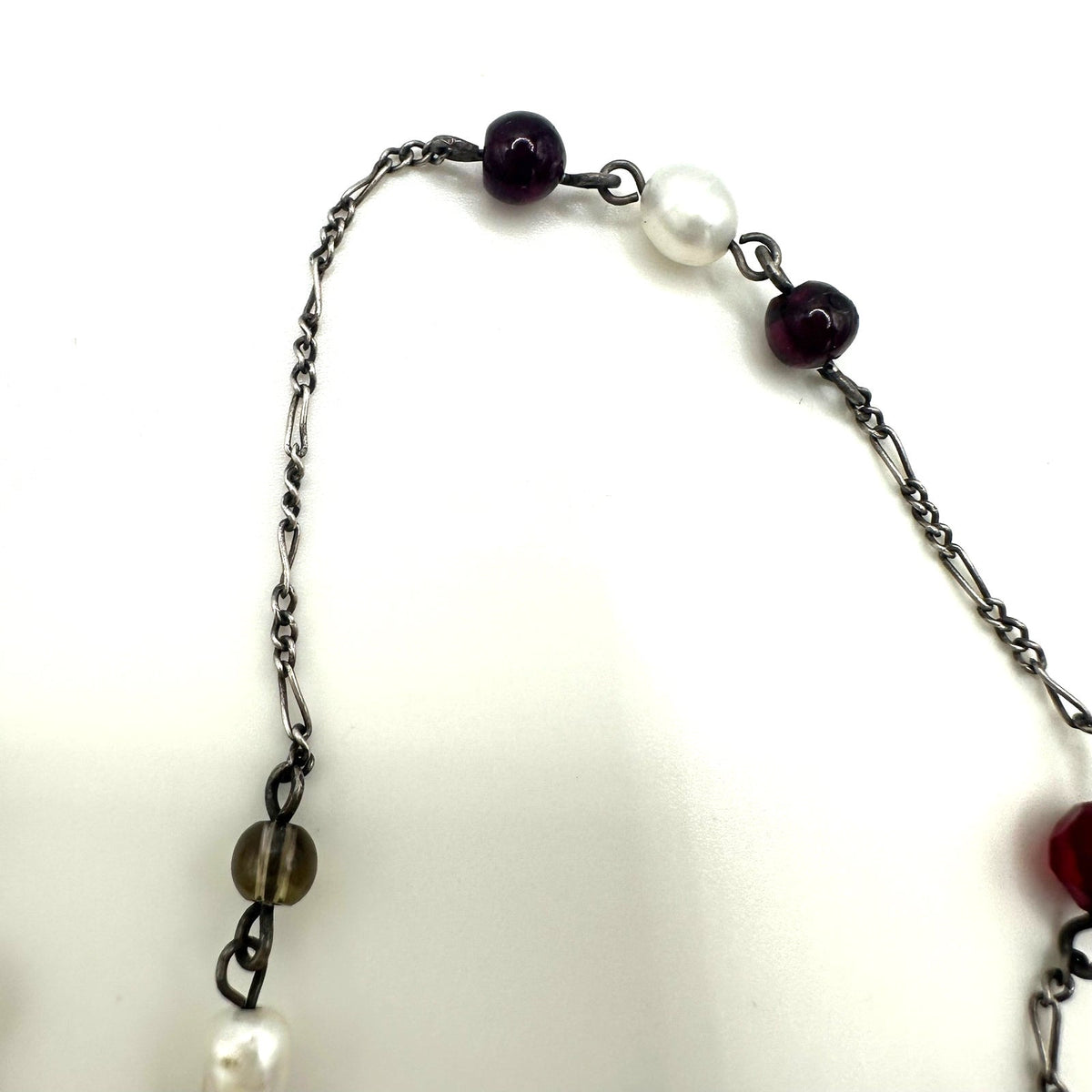 Vintage 925 sterling silver real pearls garnets quartz beaded chain 19" necklace