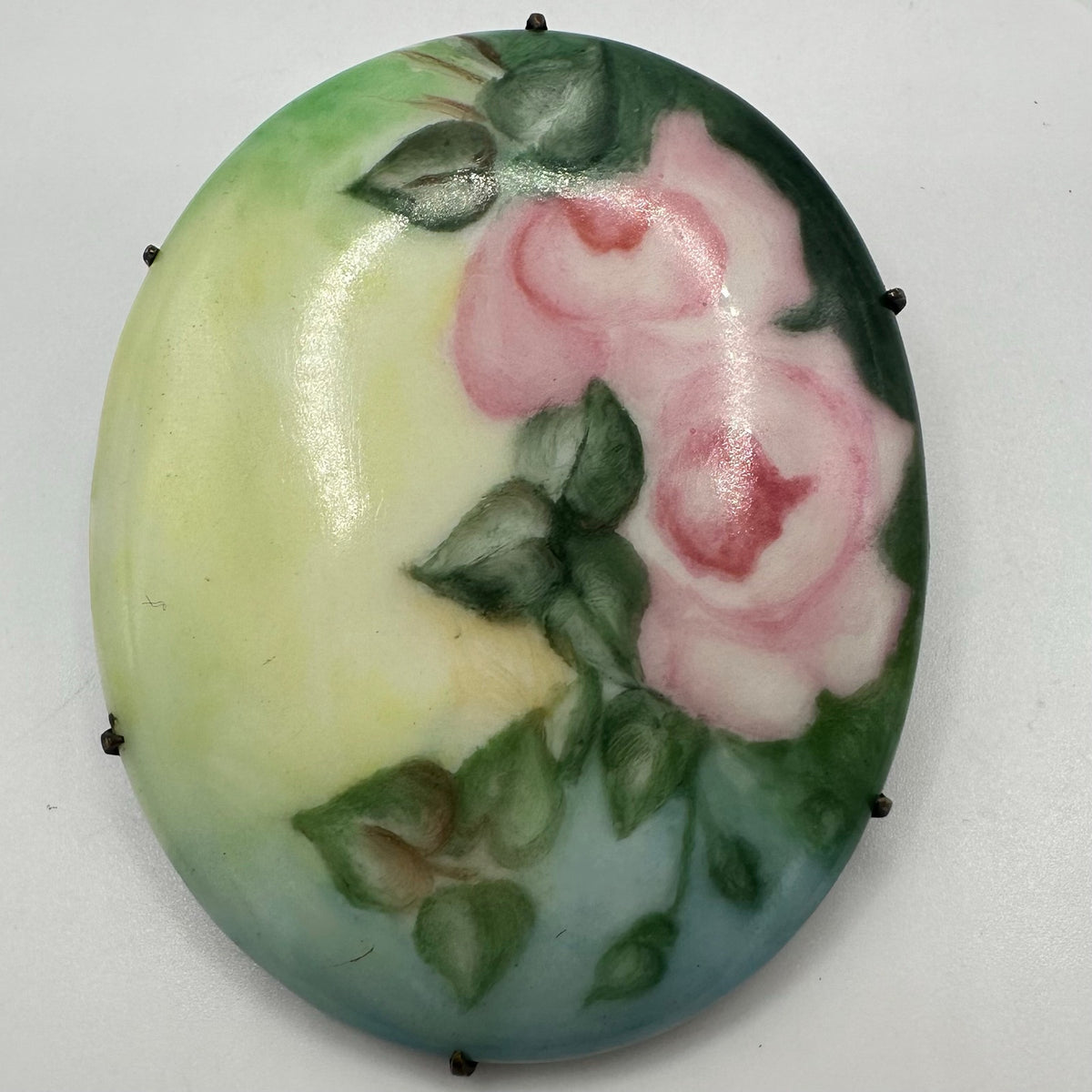 Antique Victorian Edwardian hand painted pink green yellow blue floral brooch