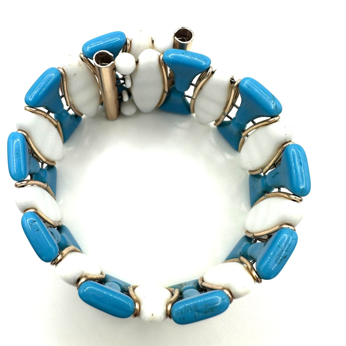 Western Germany vintage blue white milk glass gold tone beaded wrap bracelet