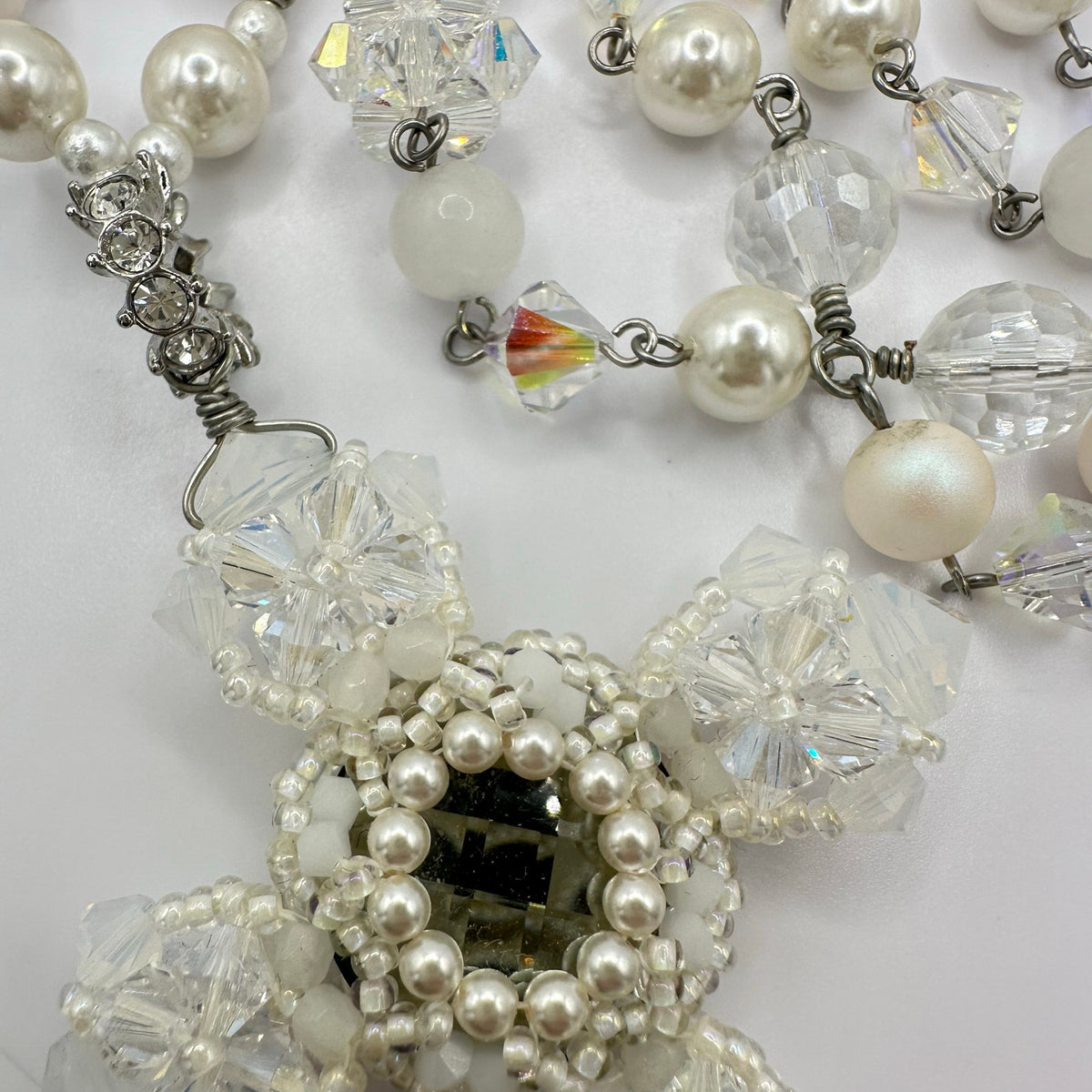 Handmade clear AB white opalite glass faux pearls cross beads beaded necklace