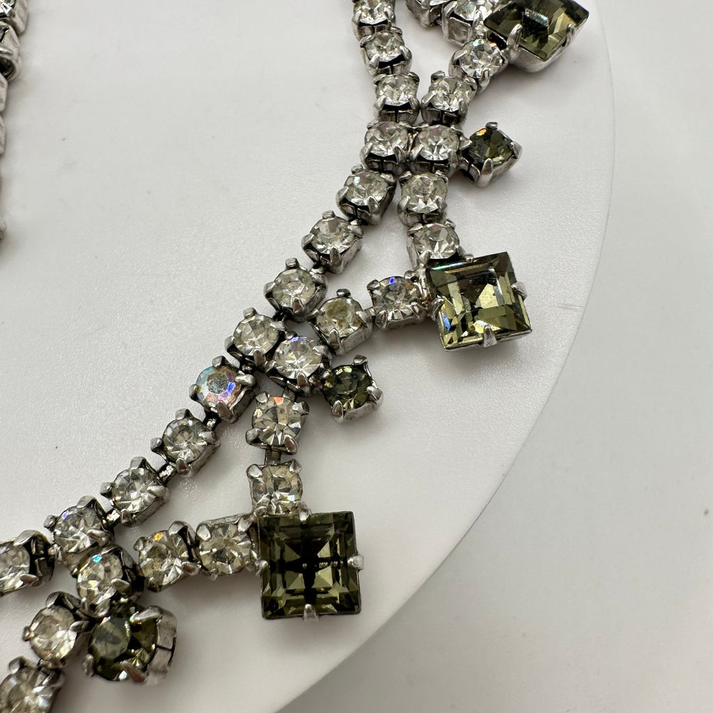 1940s 1950s vintage silver tone clear gray glass rhinestones swag necklace