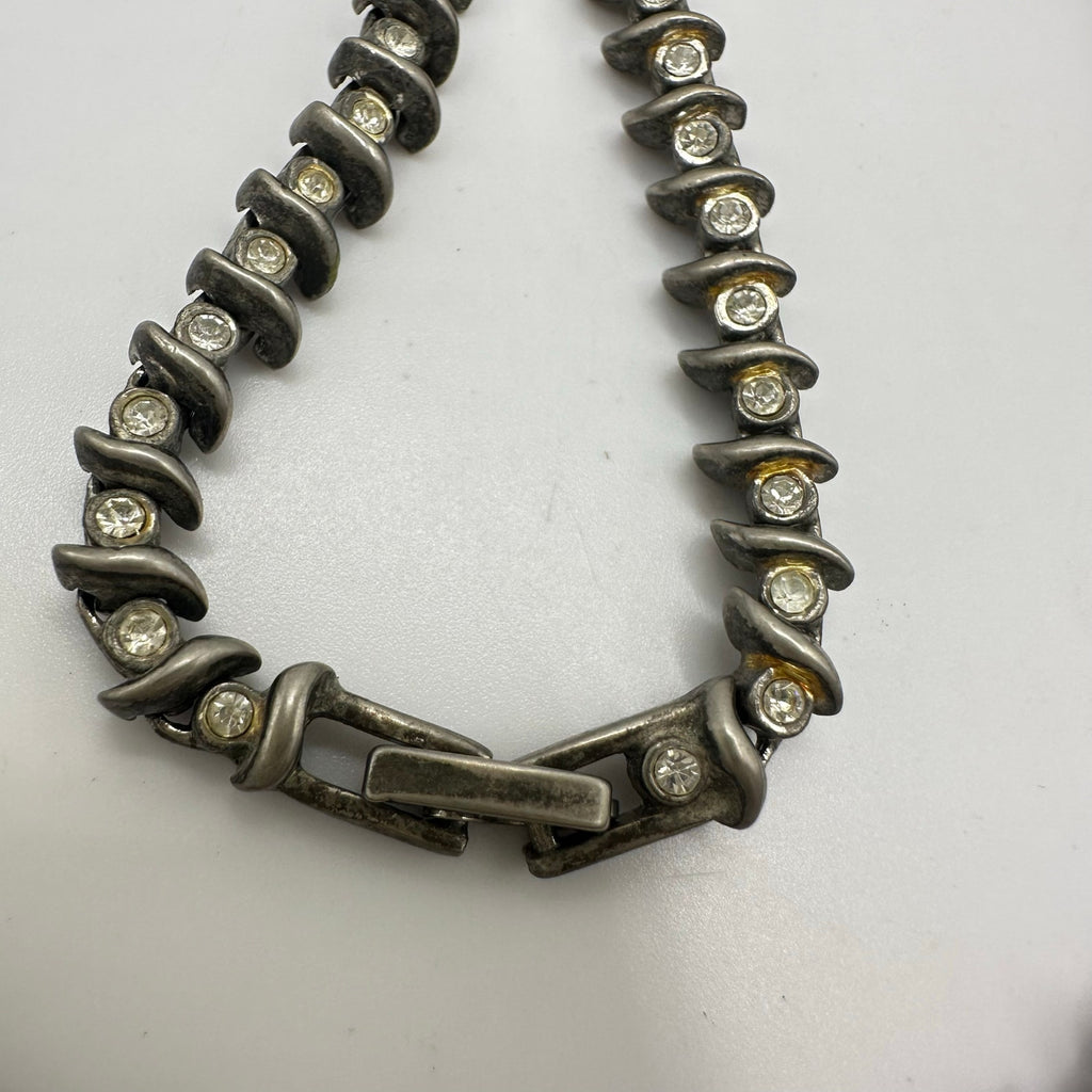 Vintage heavy silver tone clear glass rhinestones flex link modernist necklace
