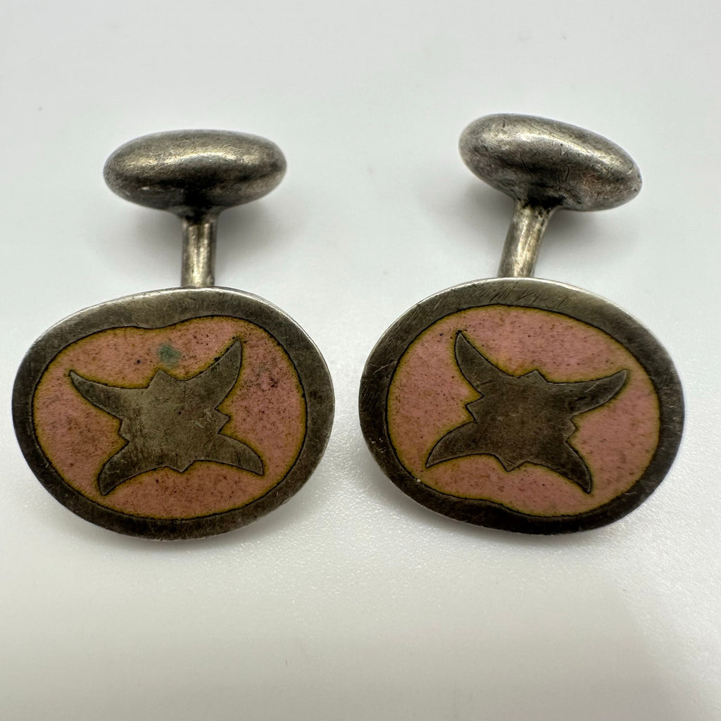 Antique Edwardian sterling silver pink cloisonné enamel bean back cufflinks