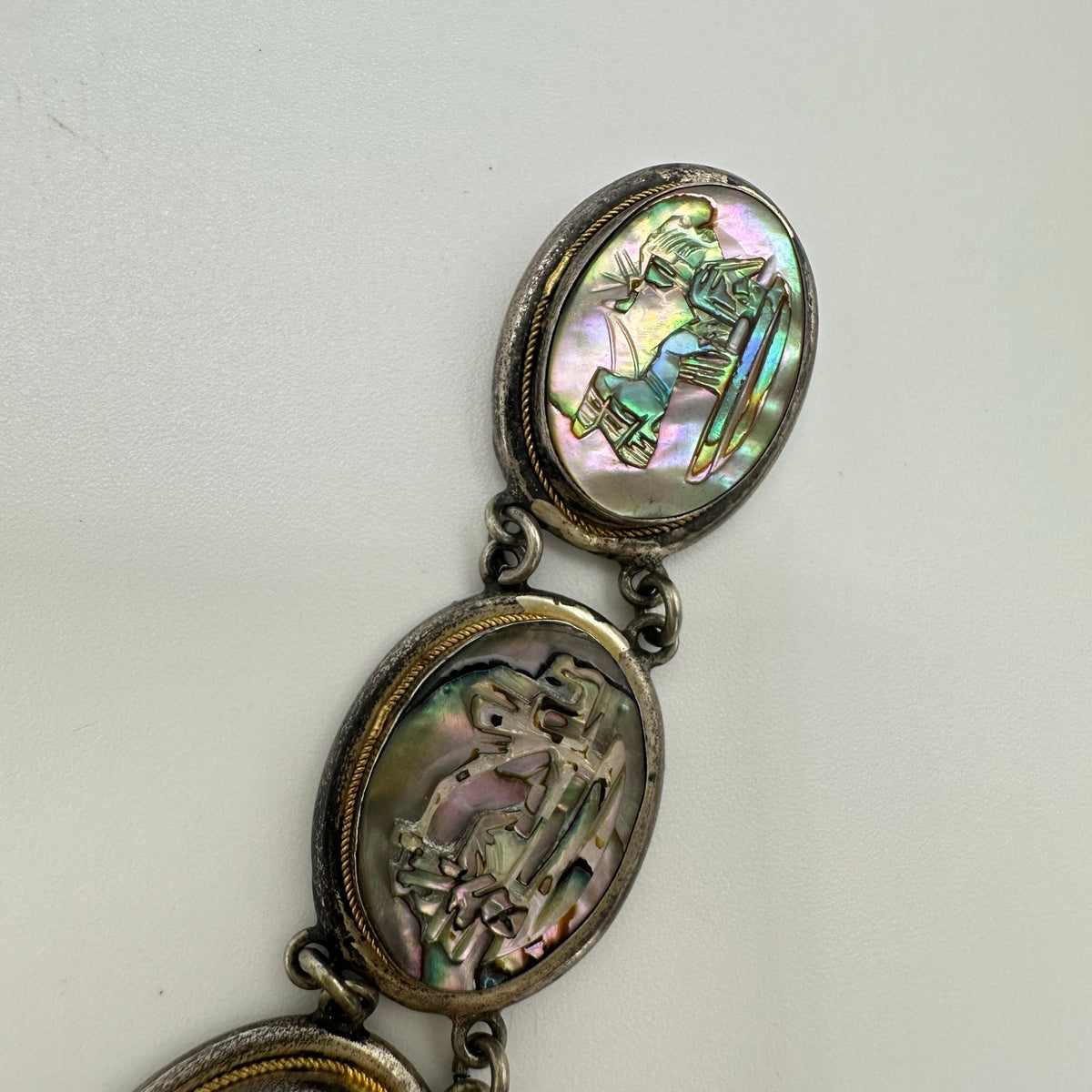 Vintage 800 silver carved genuine abalone shell cameos panel 7.25" bracelet