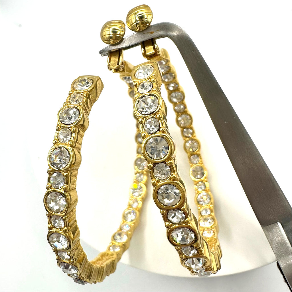 China signed gold tone clear rhinestones chunky hoops statement clip on earrings