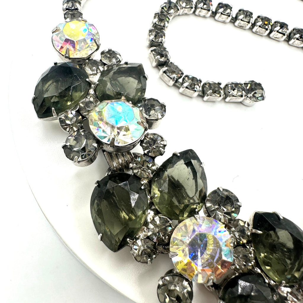 Juliana 1960s vintage book piece silver tone AB gray glass rhinestones necklace