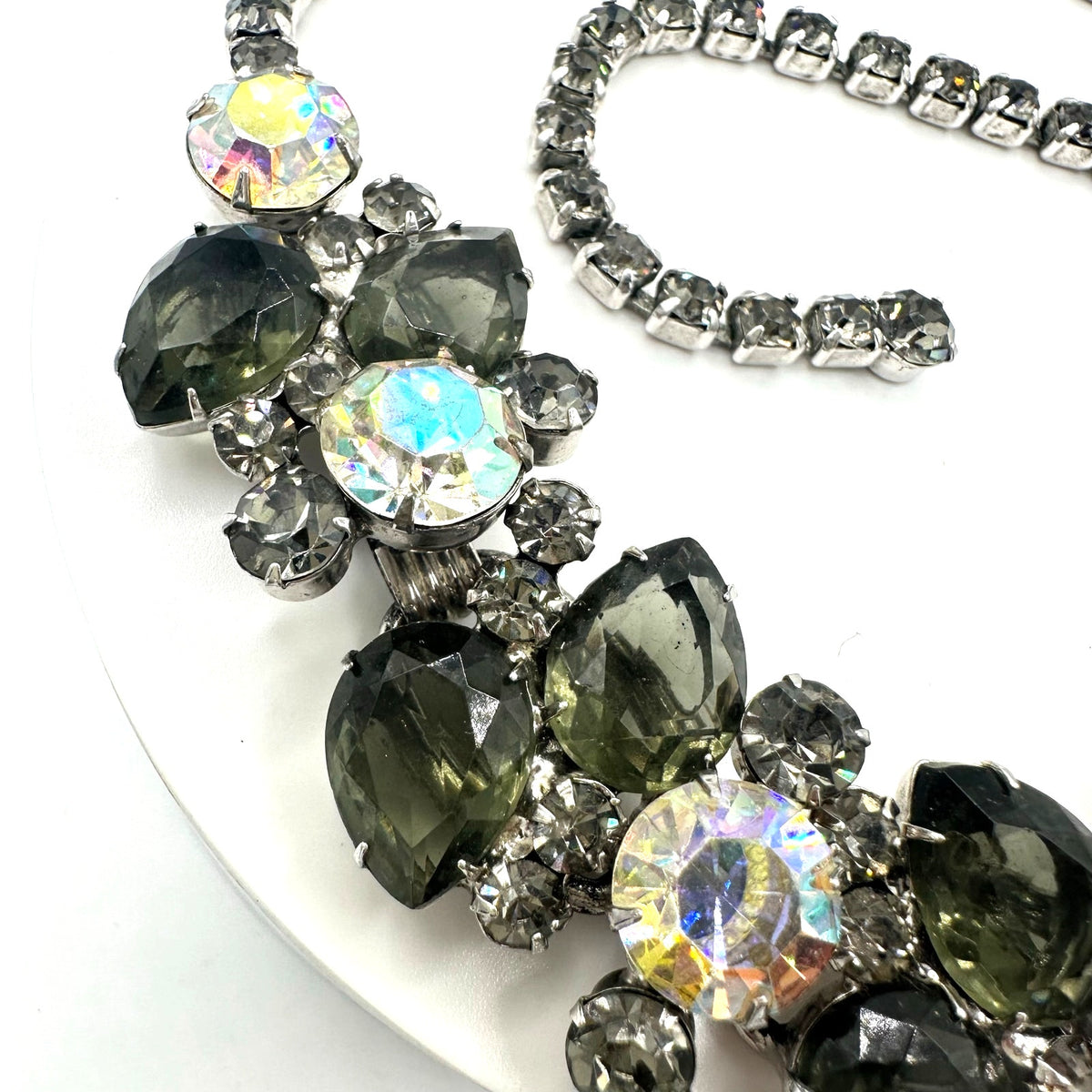 Juliana 1960s vintage book piece silver tone AB gray glass rhinestones necklace