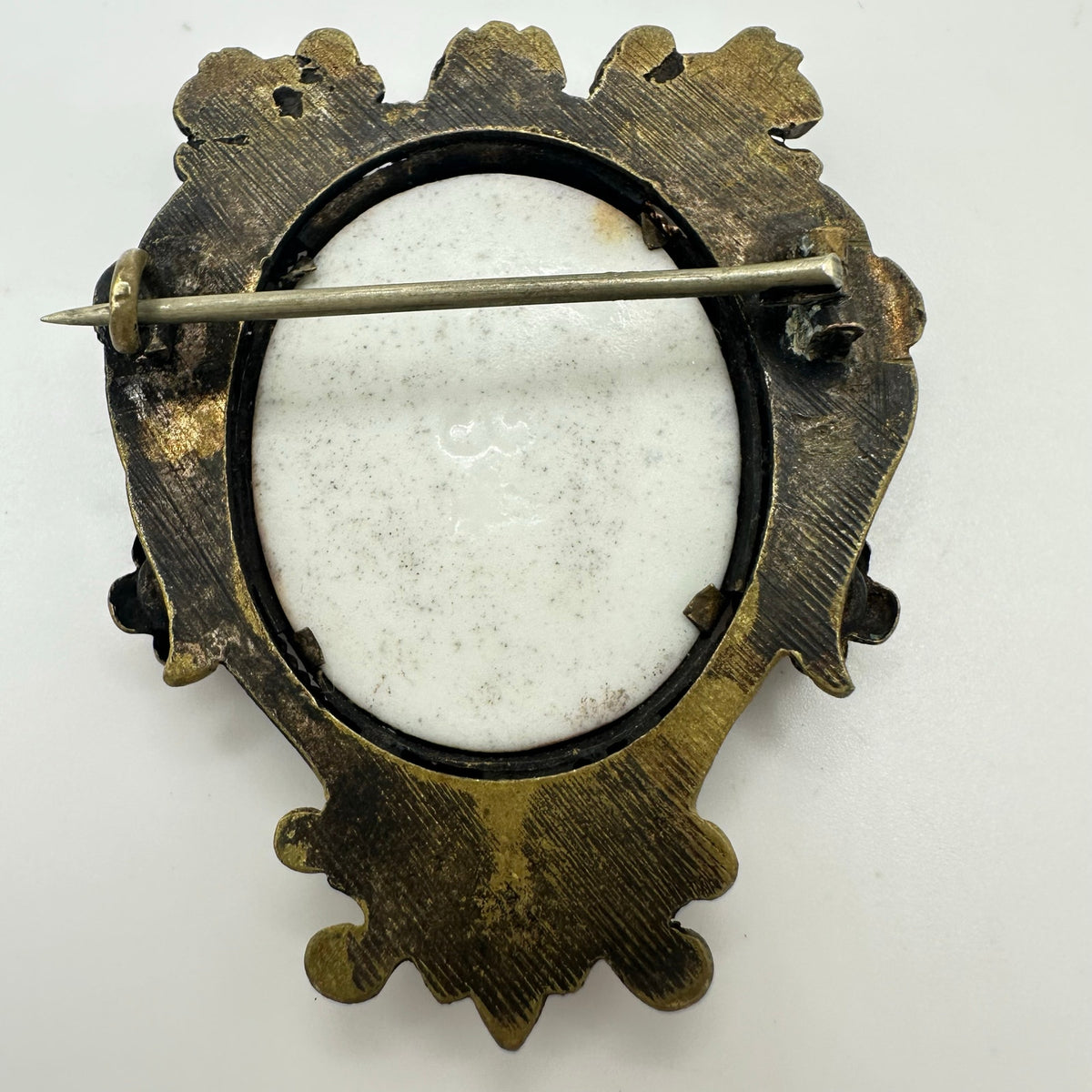 Antique Victorian hand painted portrait miniature gold gilt glass gems brooch